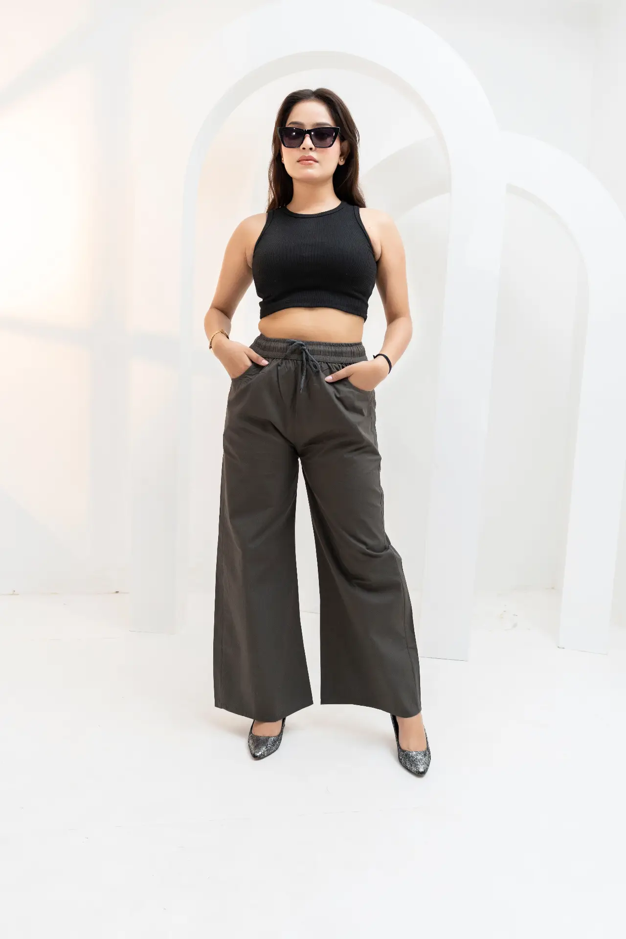 Charcoal Grey Wide-Leg Cotton Trousers