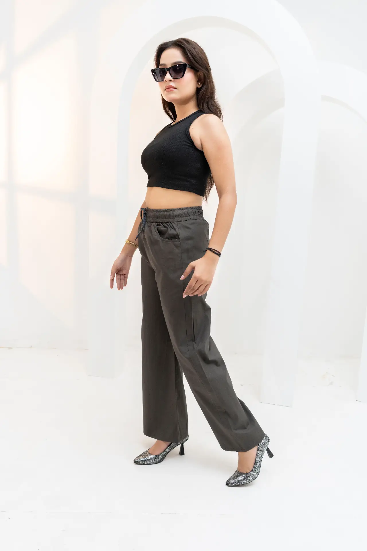 Charcoal Grey Wide-Leg Cotton Trousers view 2