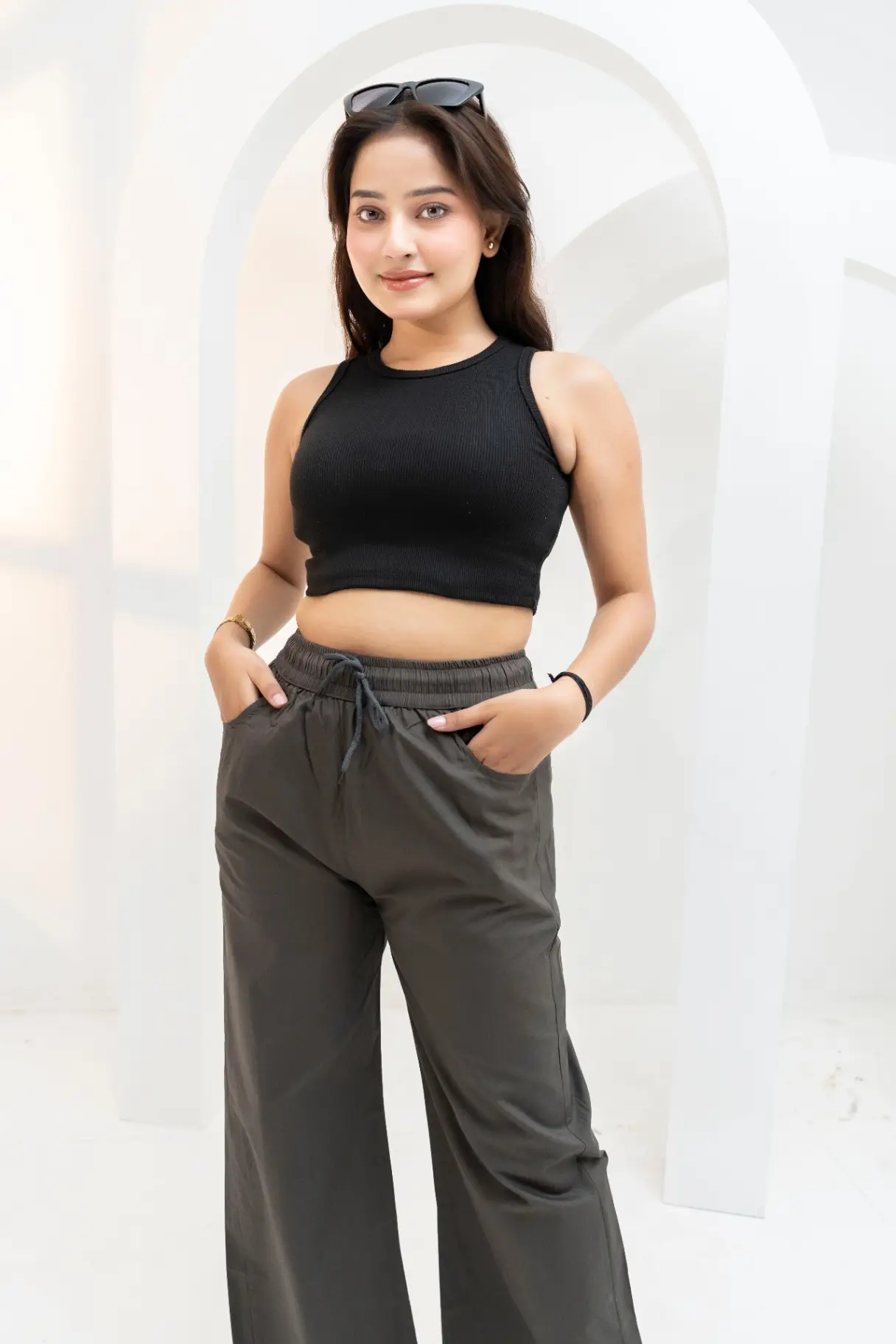 Charcoal Grey Wide-Leg Cotton Trousers view 3