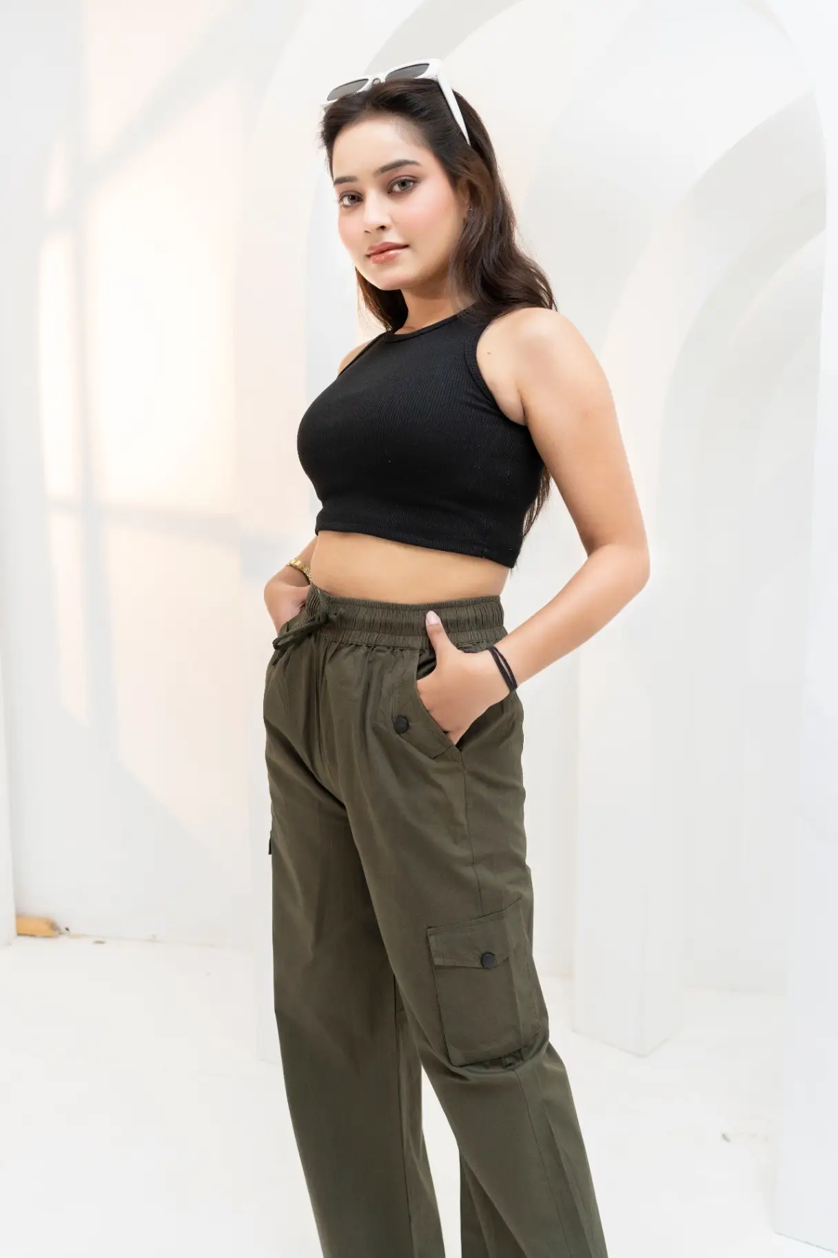 Olive Green Wide-Leg Cargo Trousers view 3