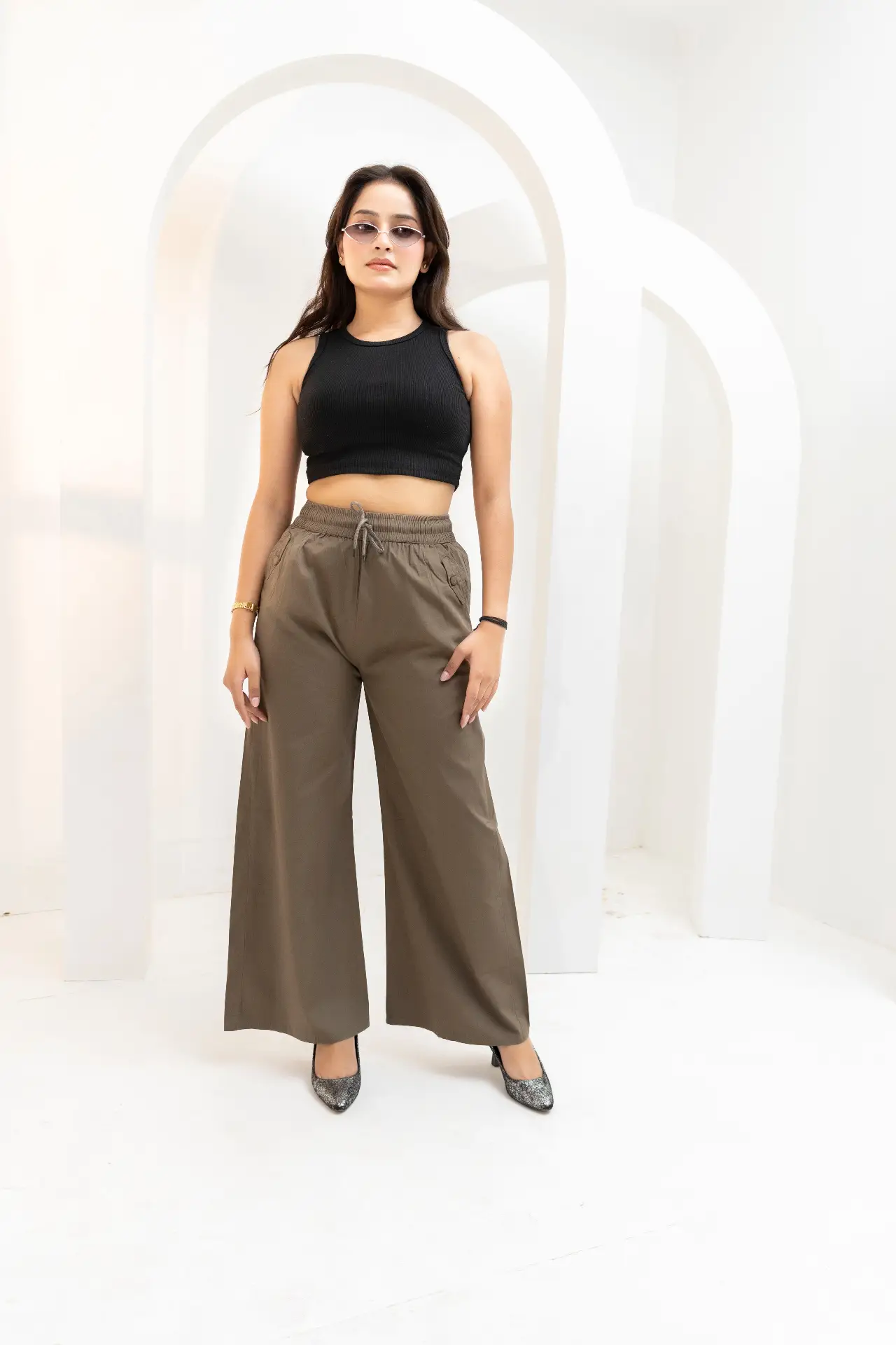 Taupe Brown Wide-Leg Cotton Trousers