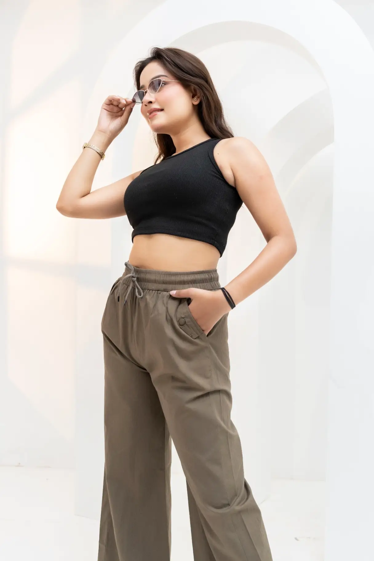 Taupe Brown Wide-Leg Cotton Trousers view 3