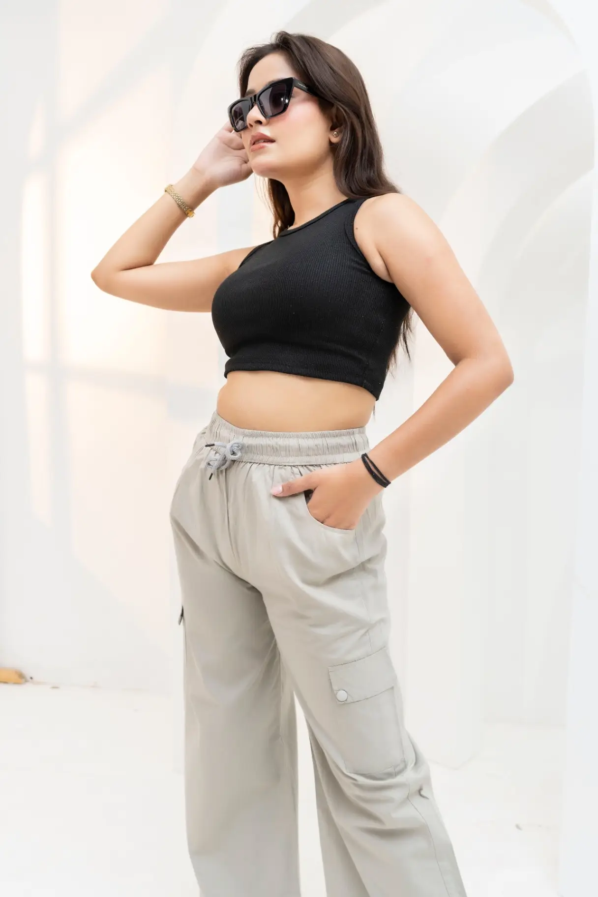 Stone Grey Wide-Leg Cargo Trousers view 2