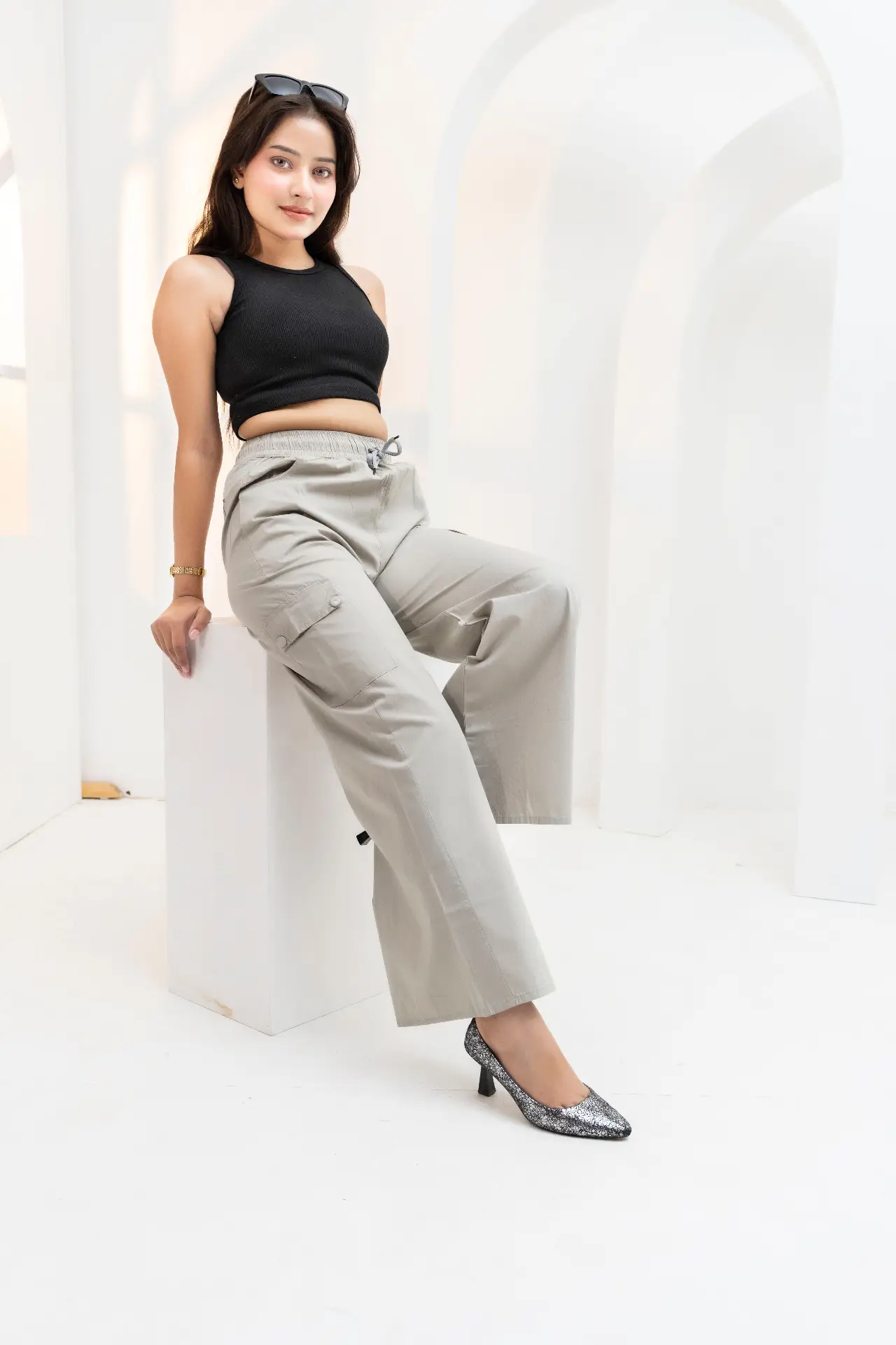 Stone Grey Wide-Leg Cargo Trousers view 3