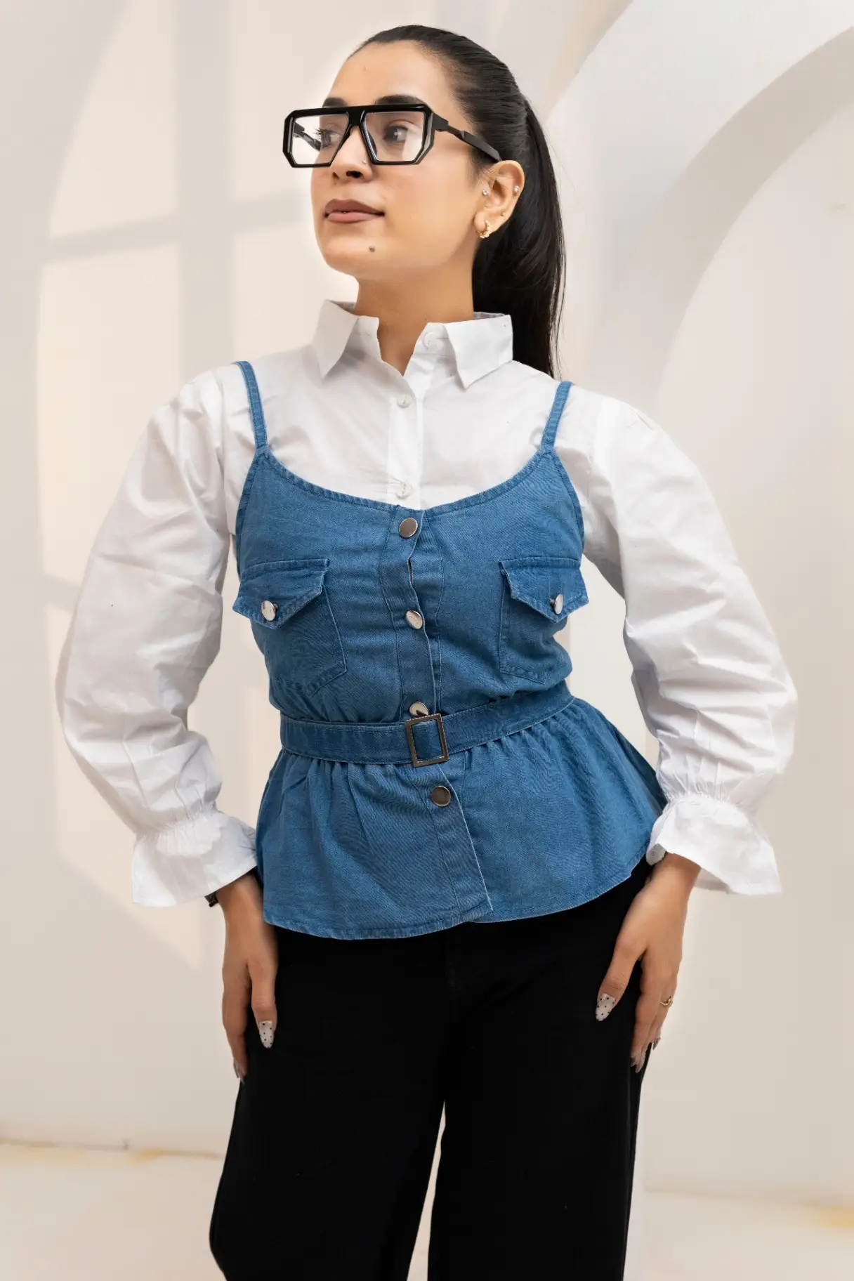 Medium-Wash Denim Button-Down Bustier Top
