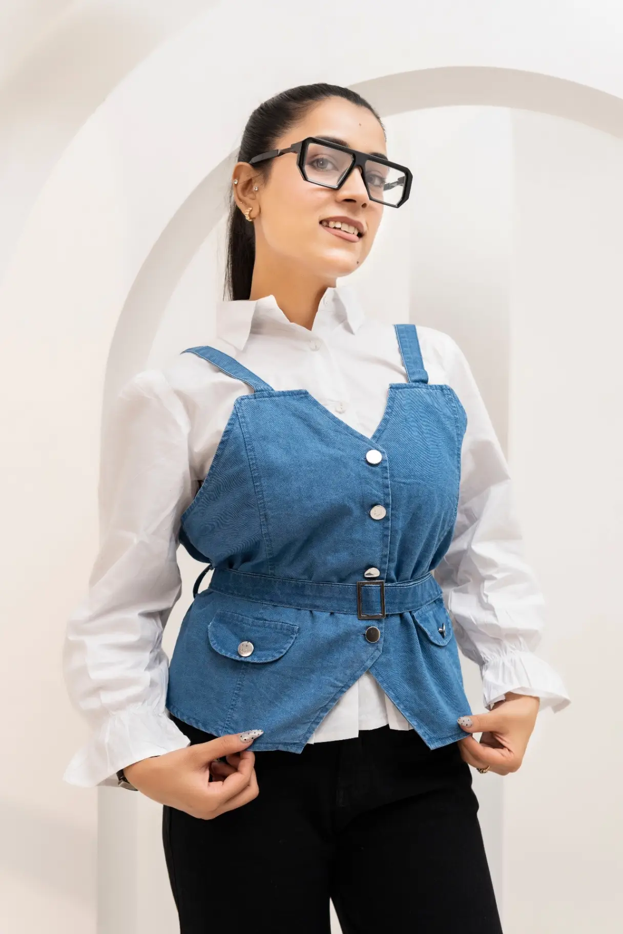 Indigo Denim Belted V-Neck Vest top view 2