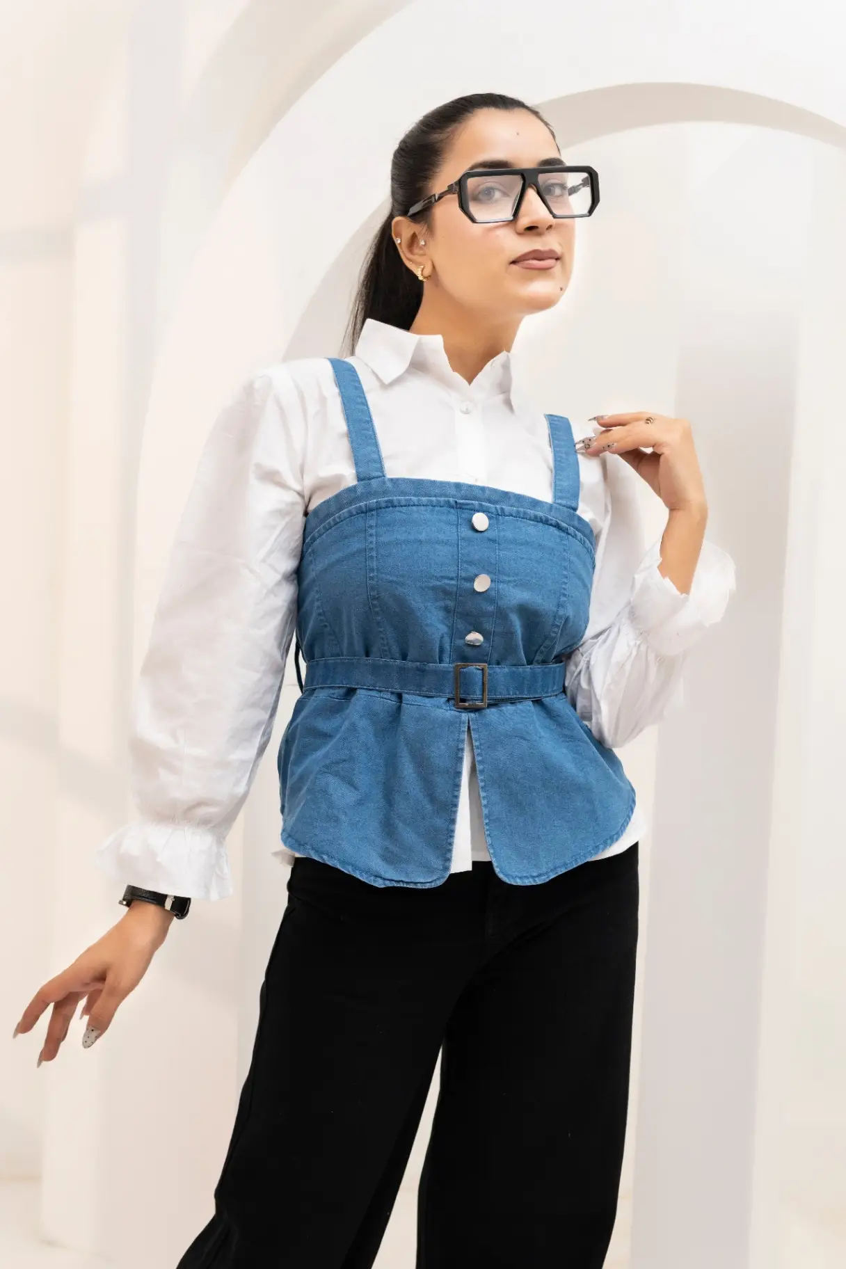 Indigo Denim Belted Square-Neck Corset Top view 2