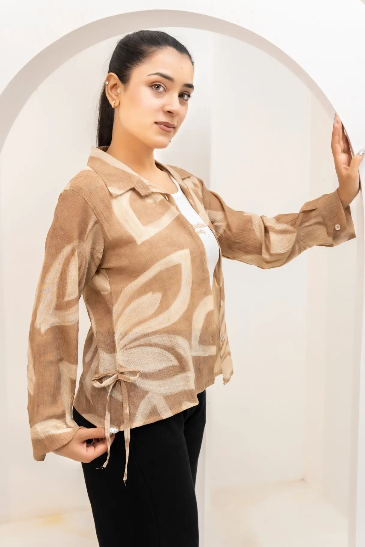 Tan Horizon Abstract Leaf Block-Print Shirt Top