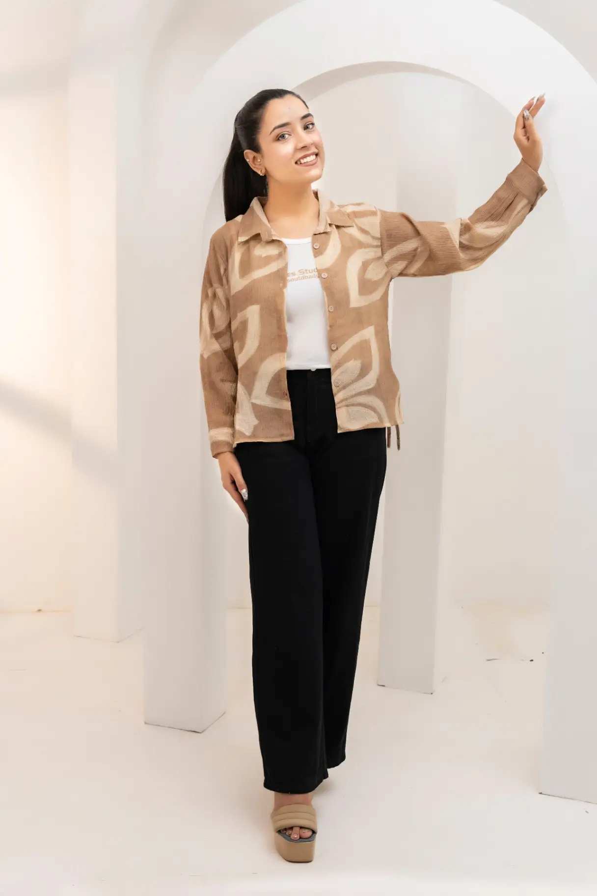 Tan Horizon Abstract Leaf Block-Print Shirt Top view 2