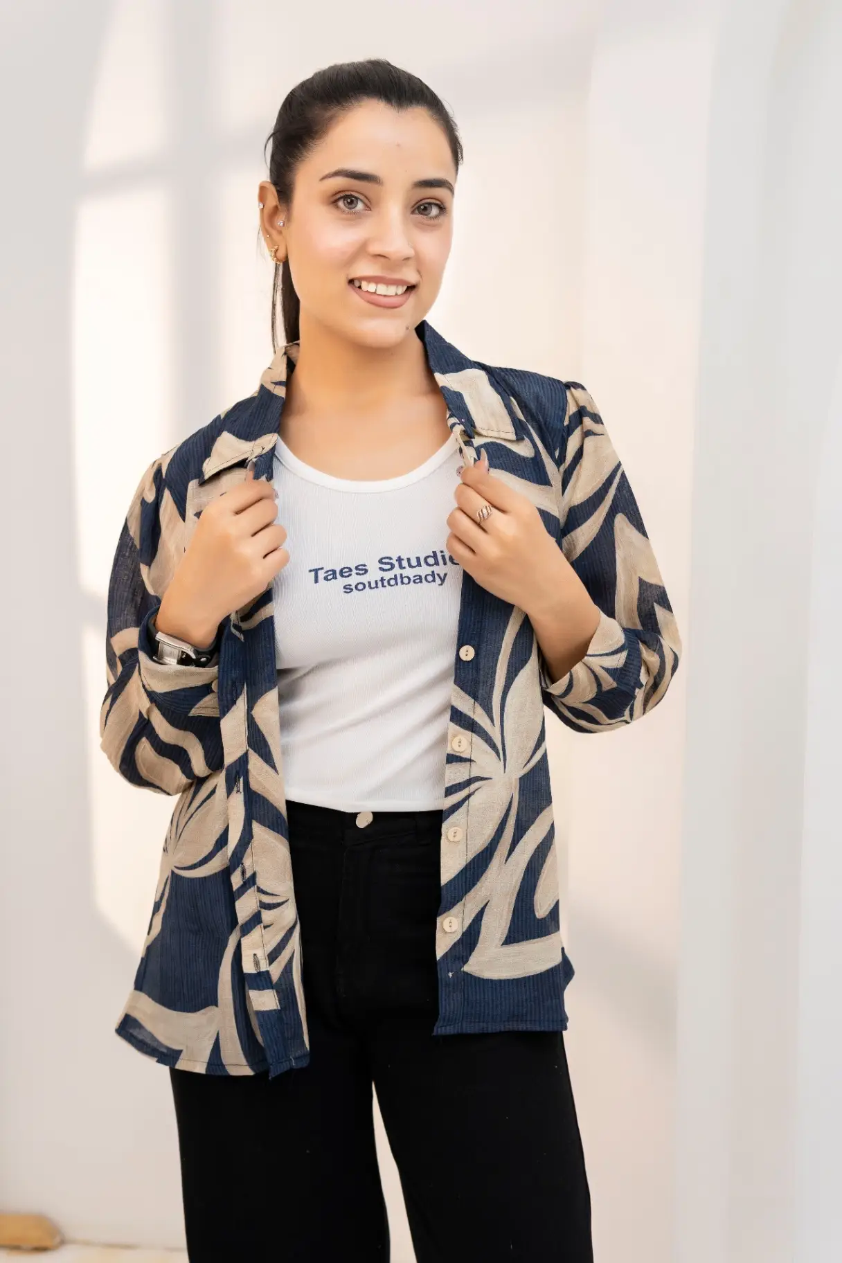Navy Horizon Abstract Leaf Block-Print Shirt top view 2