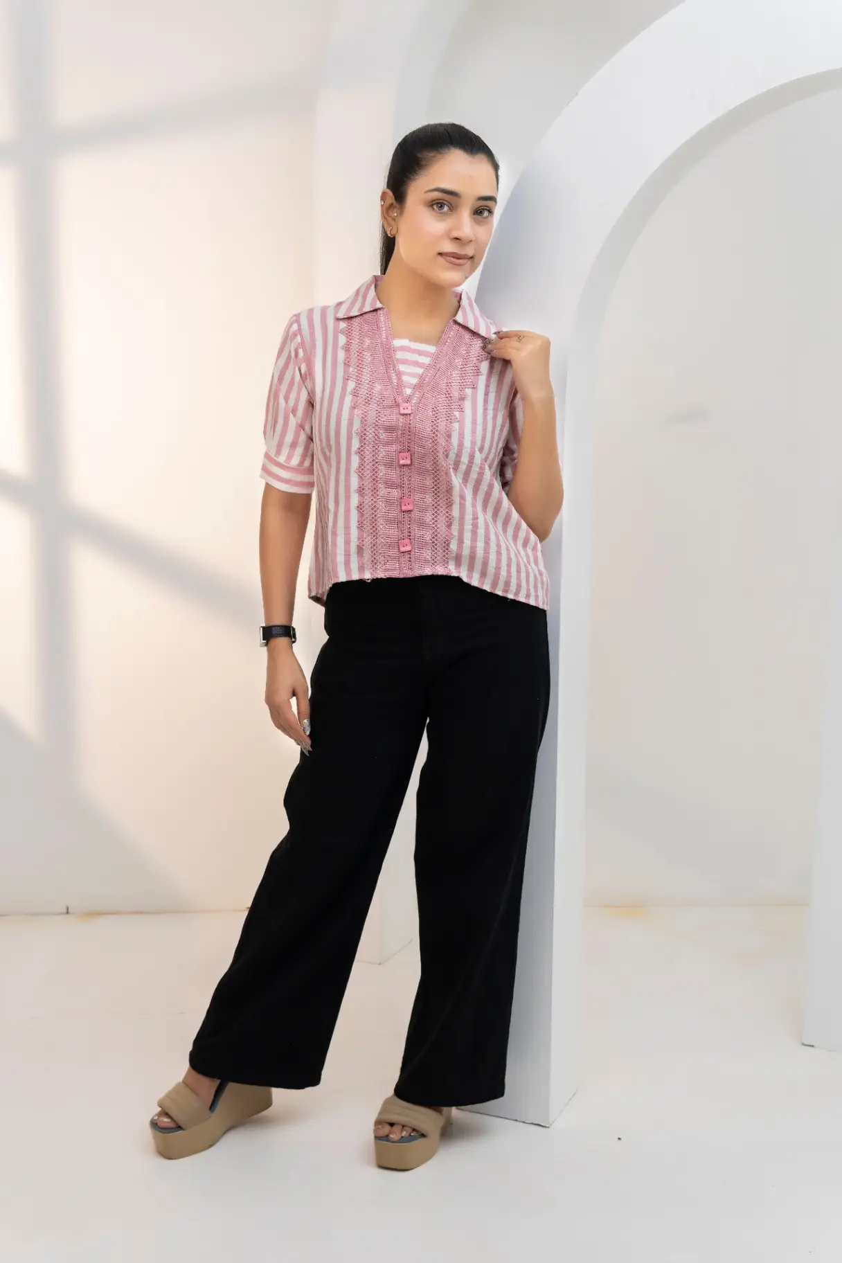 Blossom Stripe Lace-Panel Collared Top view 2