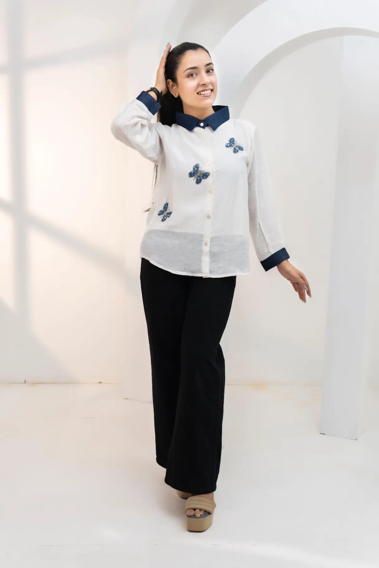 Crisp White Butterfly Motif Denim-Trim Shirt Top