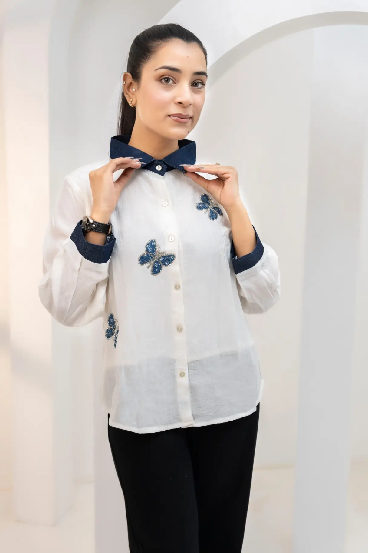 Crisp White Butterfly Motif Denim-Trim Shirt Top view 2