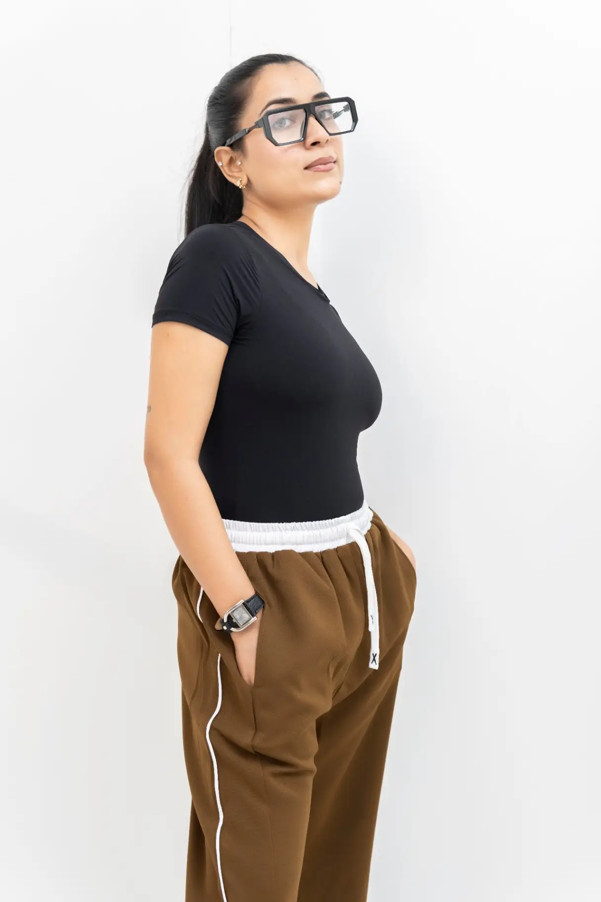 Camel Track-Style Contrast Drawstring Trousers view 3