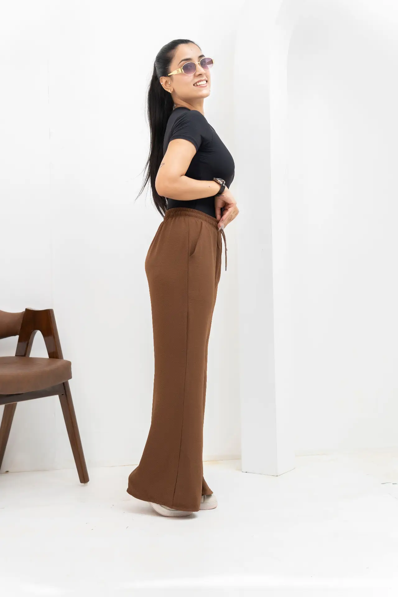 Chestnut Brown Crinkle-Textured Wide-Leg Trousers