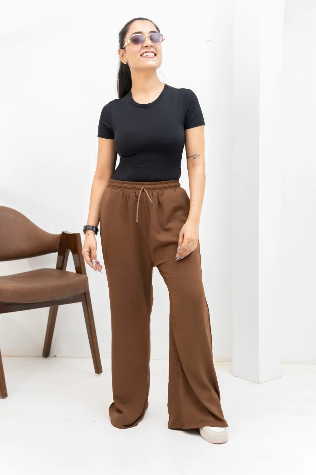 Chestnut Brown Crinkle-Textured Wide-Leg Trousers view 2