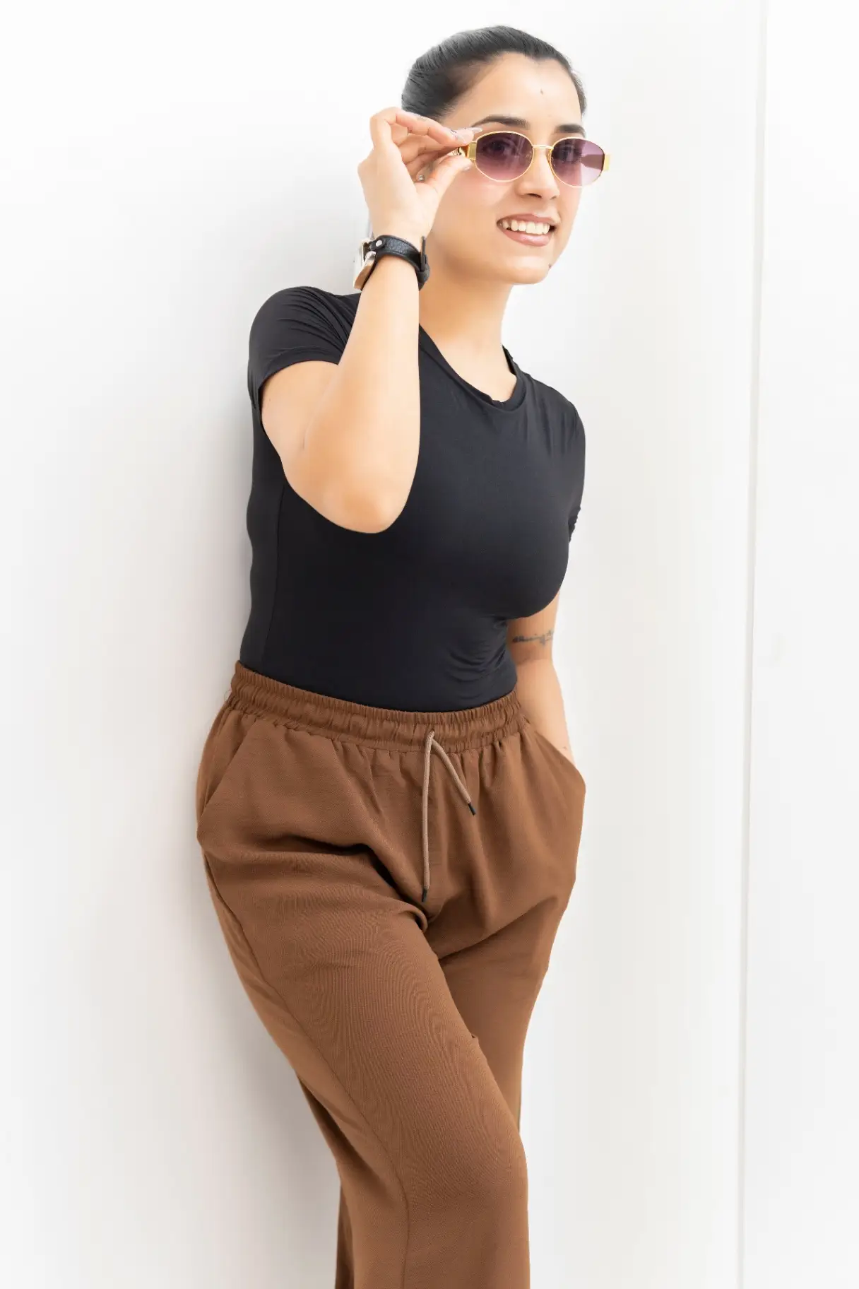 Chestnut Brown Crinkle-Textured Wide-Leg Trousers view 3