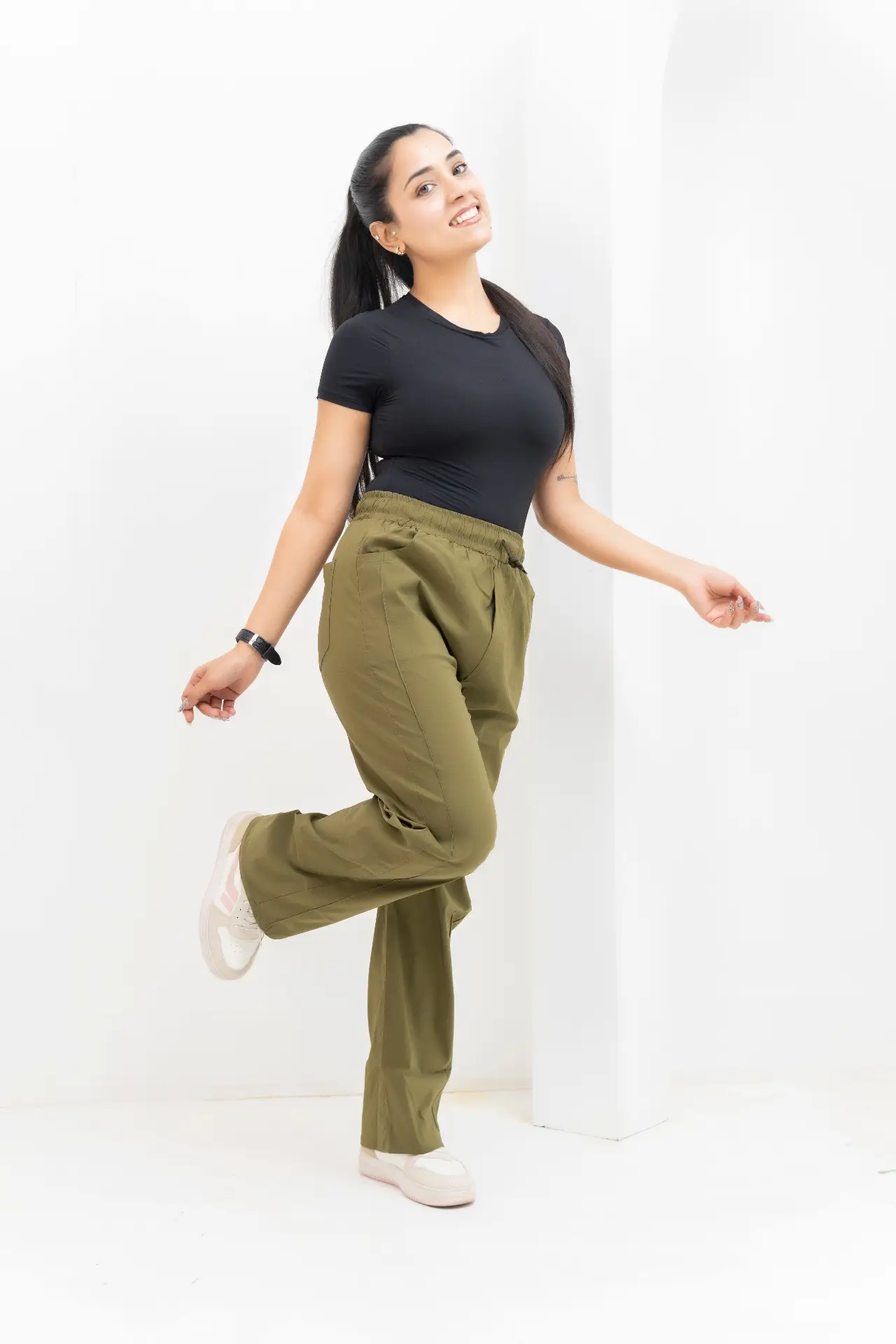 Olive Green Front-Seam Wide-Leg Trousers