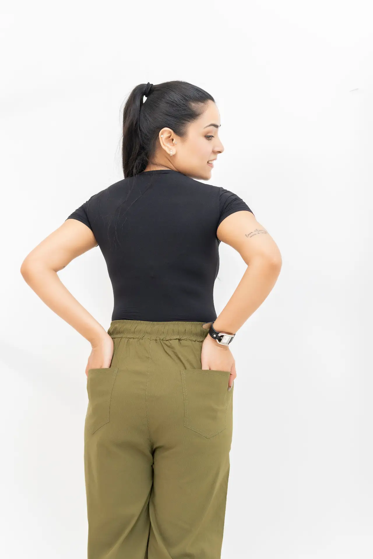 Olive Green Front-Seam Wide-Leg Trousers view 3