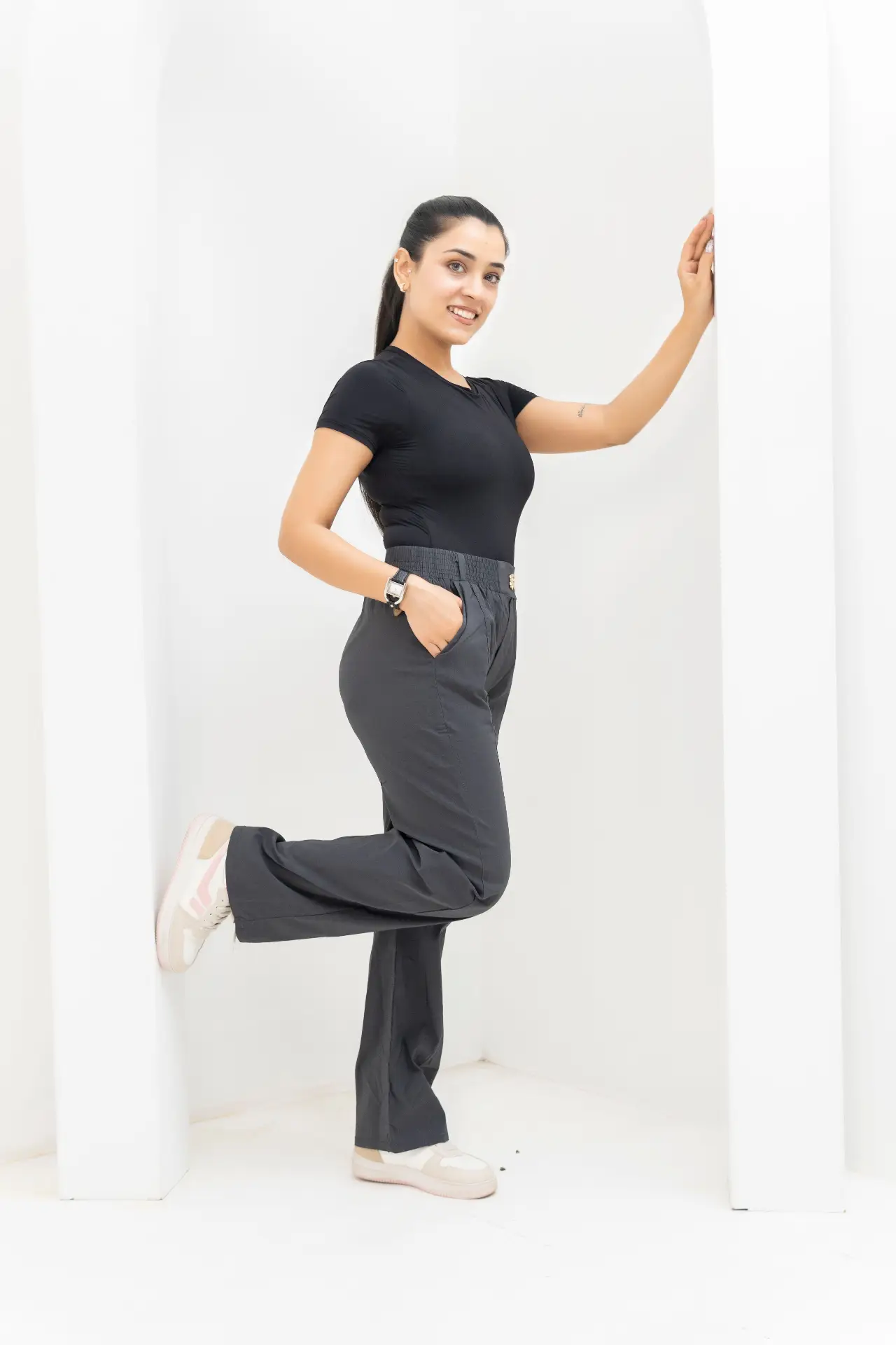 Charcoal Grey Front-Seam Wide-Leg Trousers