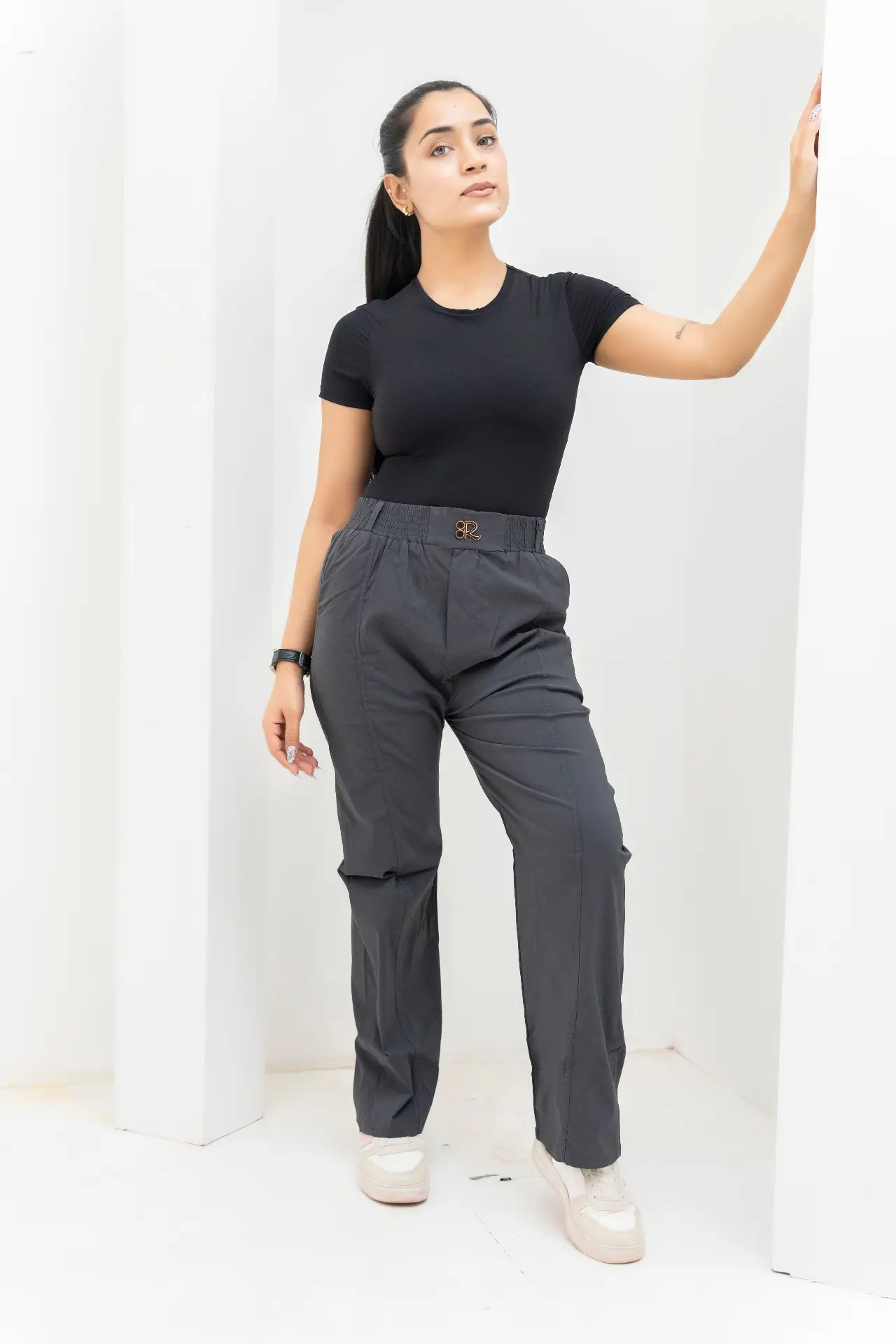 Charcoal Grey Front-Seam Wide-Leg Trousers view 2