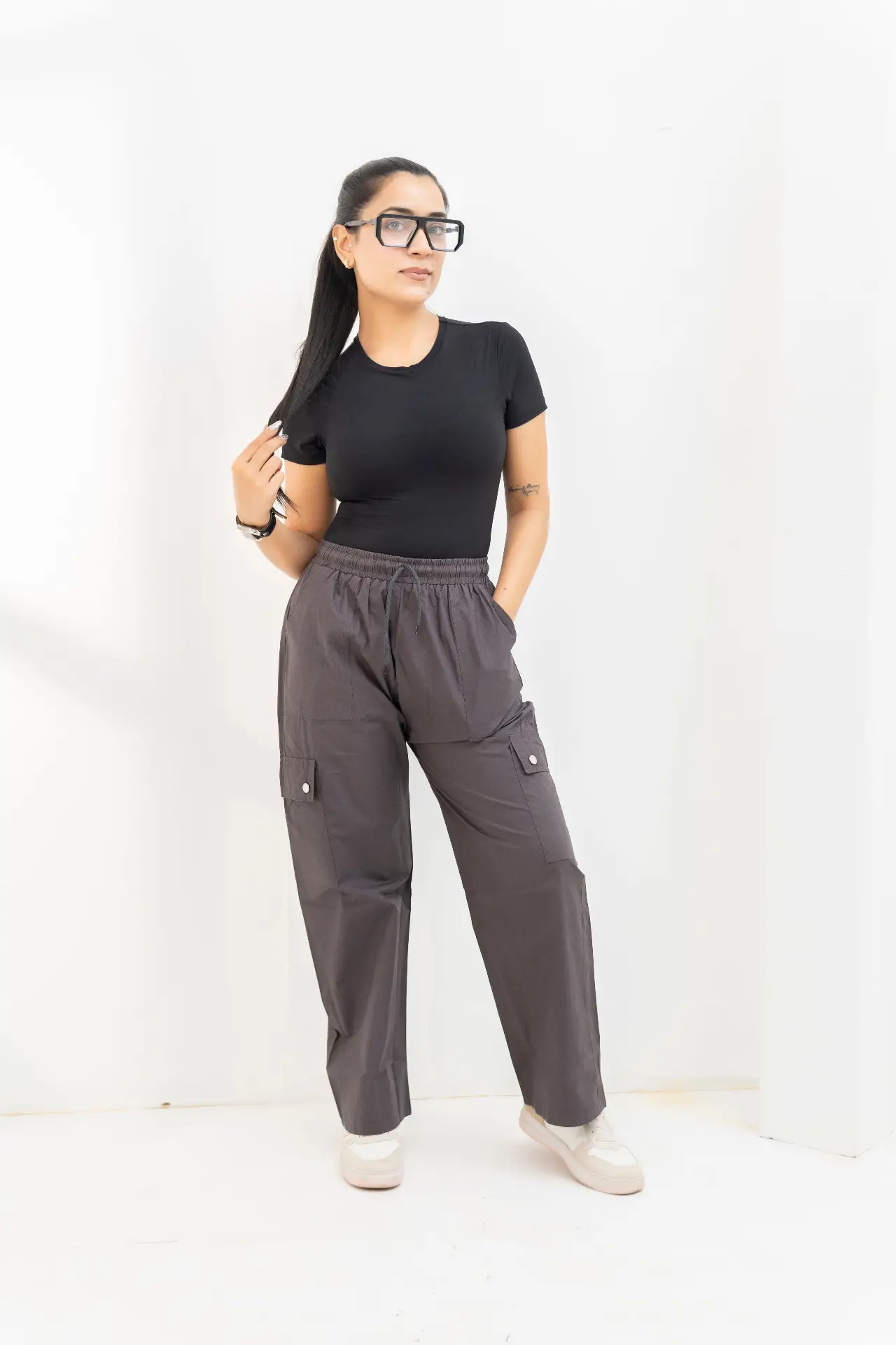 Charcoal Grey Wide-Leg Cargo Trousers