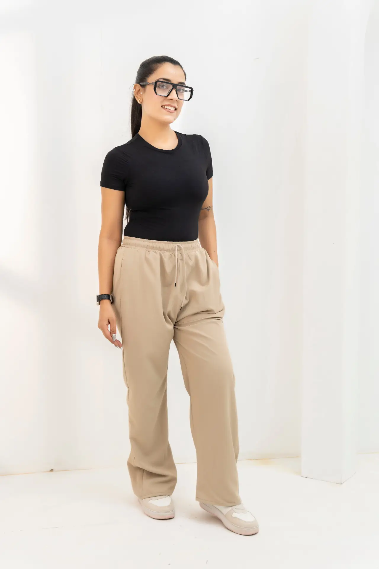 Sand Beige Wide-Leg Woven Trousers