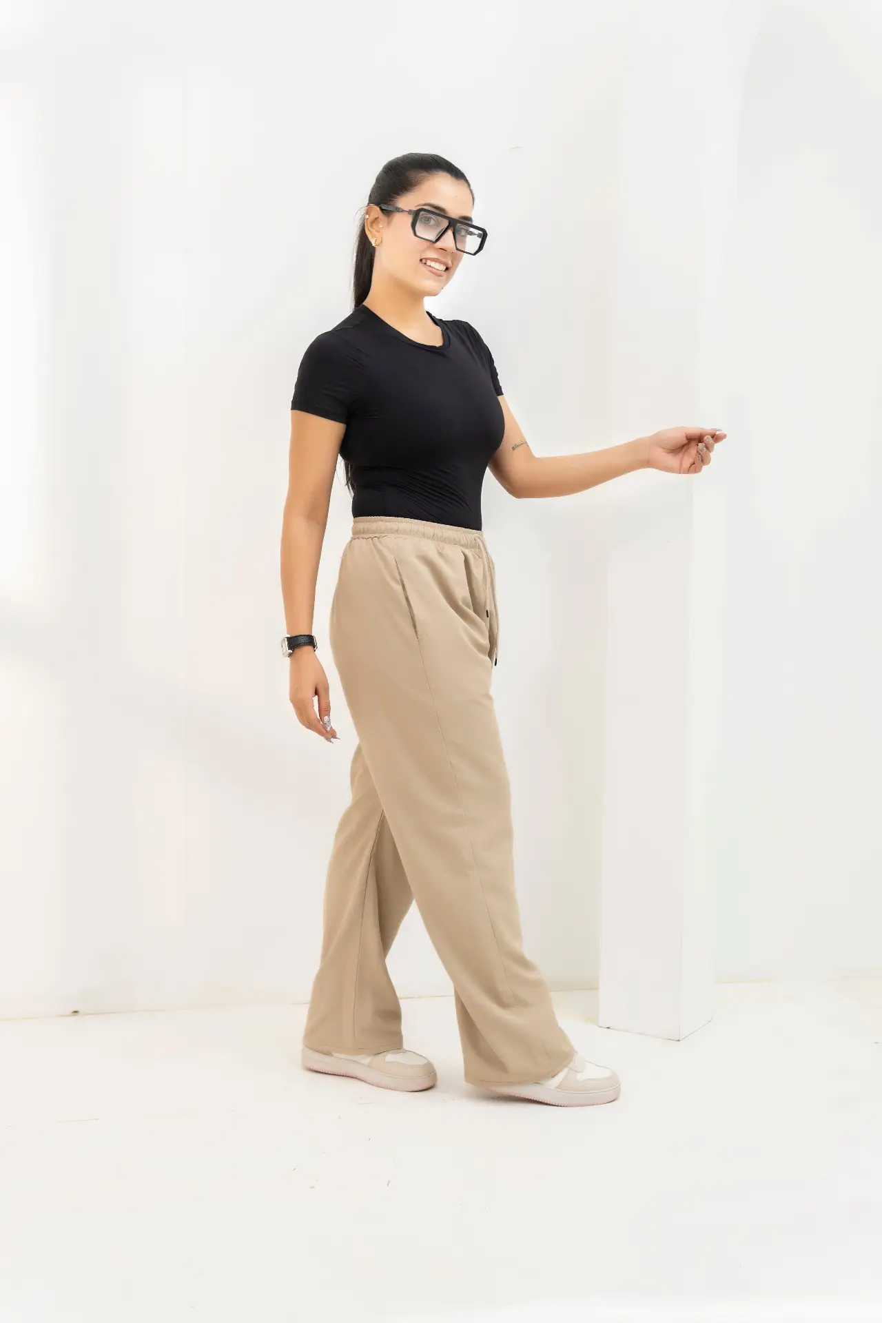 Sand Beige Wide-Leg Woven Trousers view 2