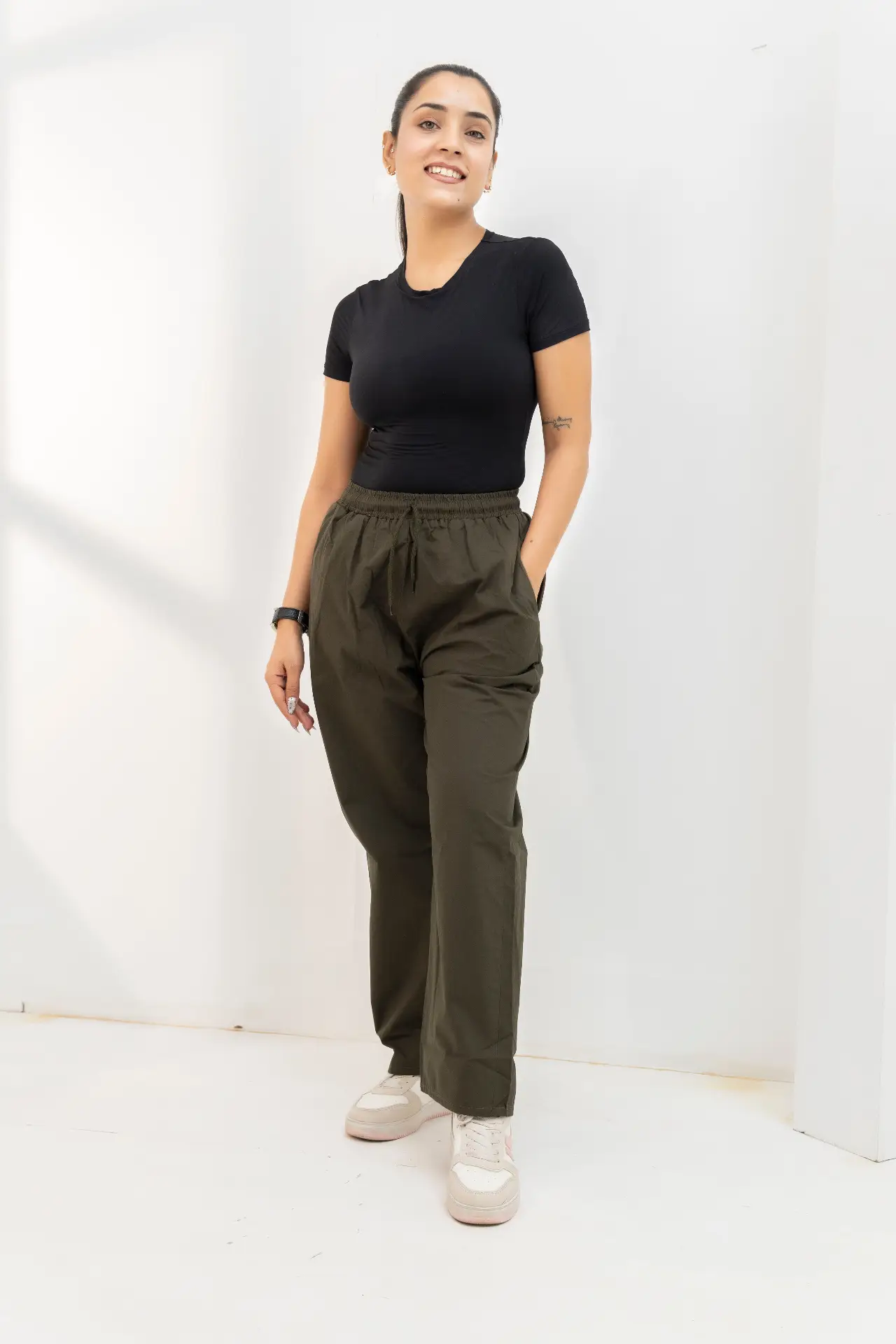 Dark Olive Wide-Leg Cotton-Blend Trousers