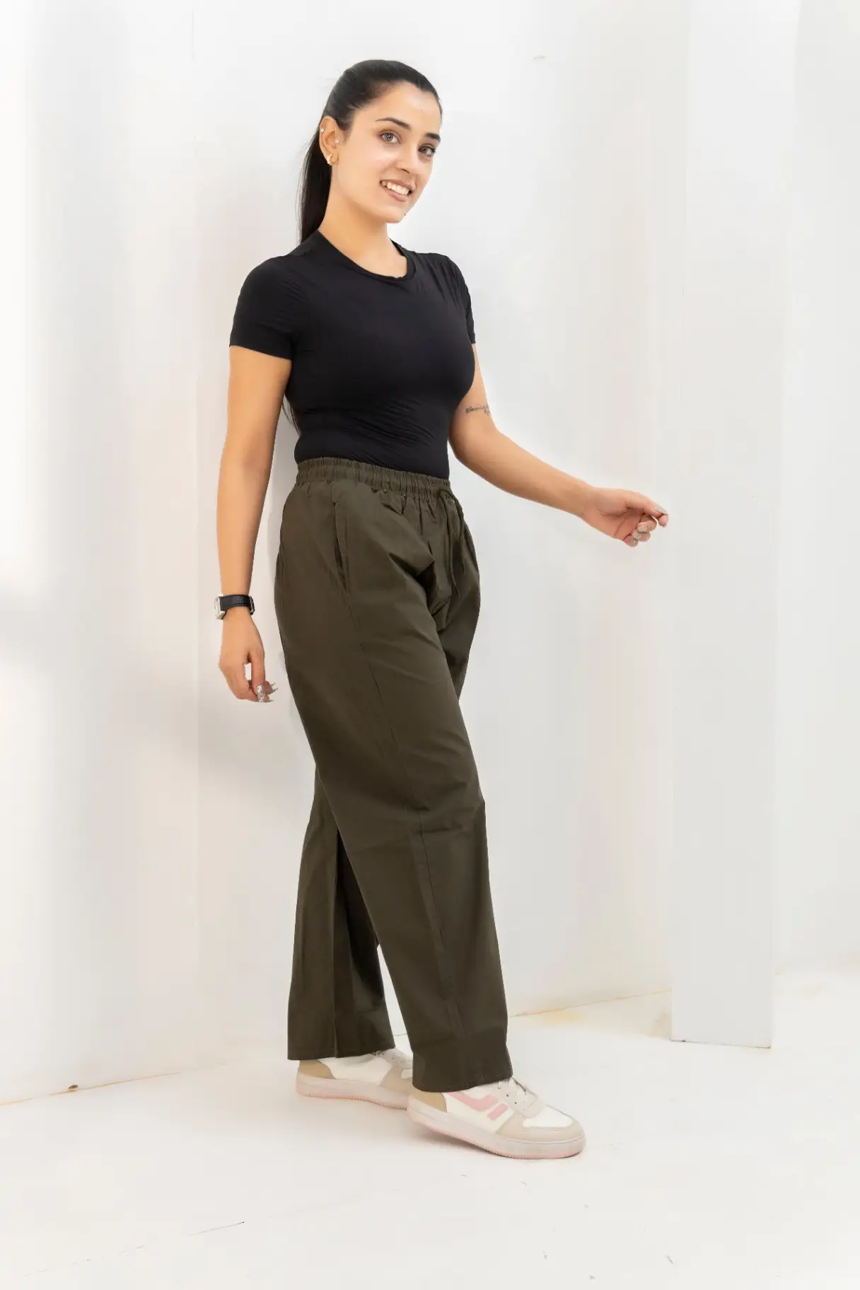 Dark Olive Wide-Leg Cotton-Blend Trousers view 2