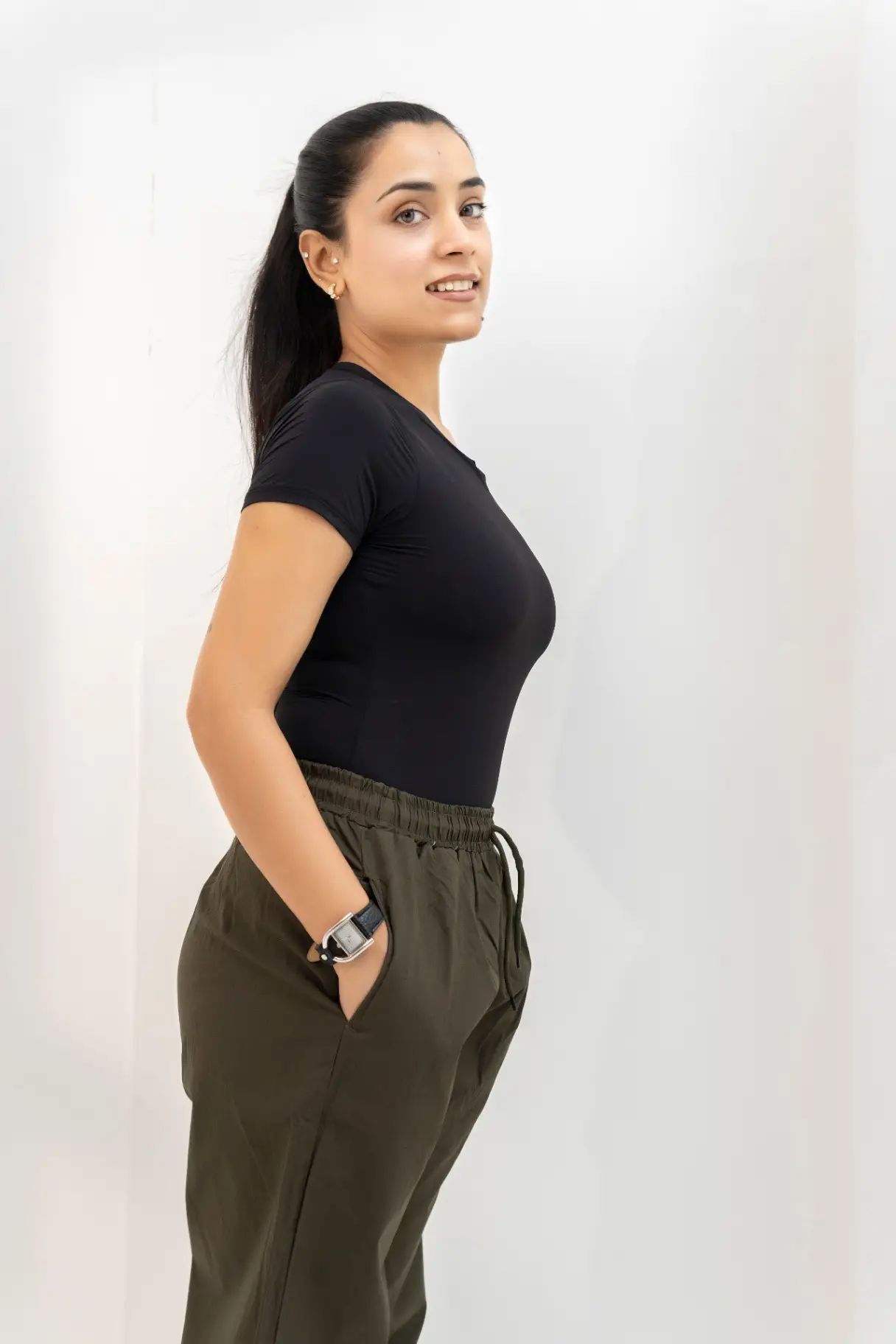 Dark Olive Wide-Leg Cotton-Blend Trousers view 3