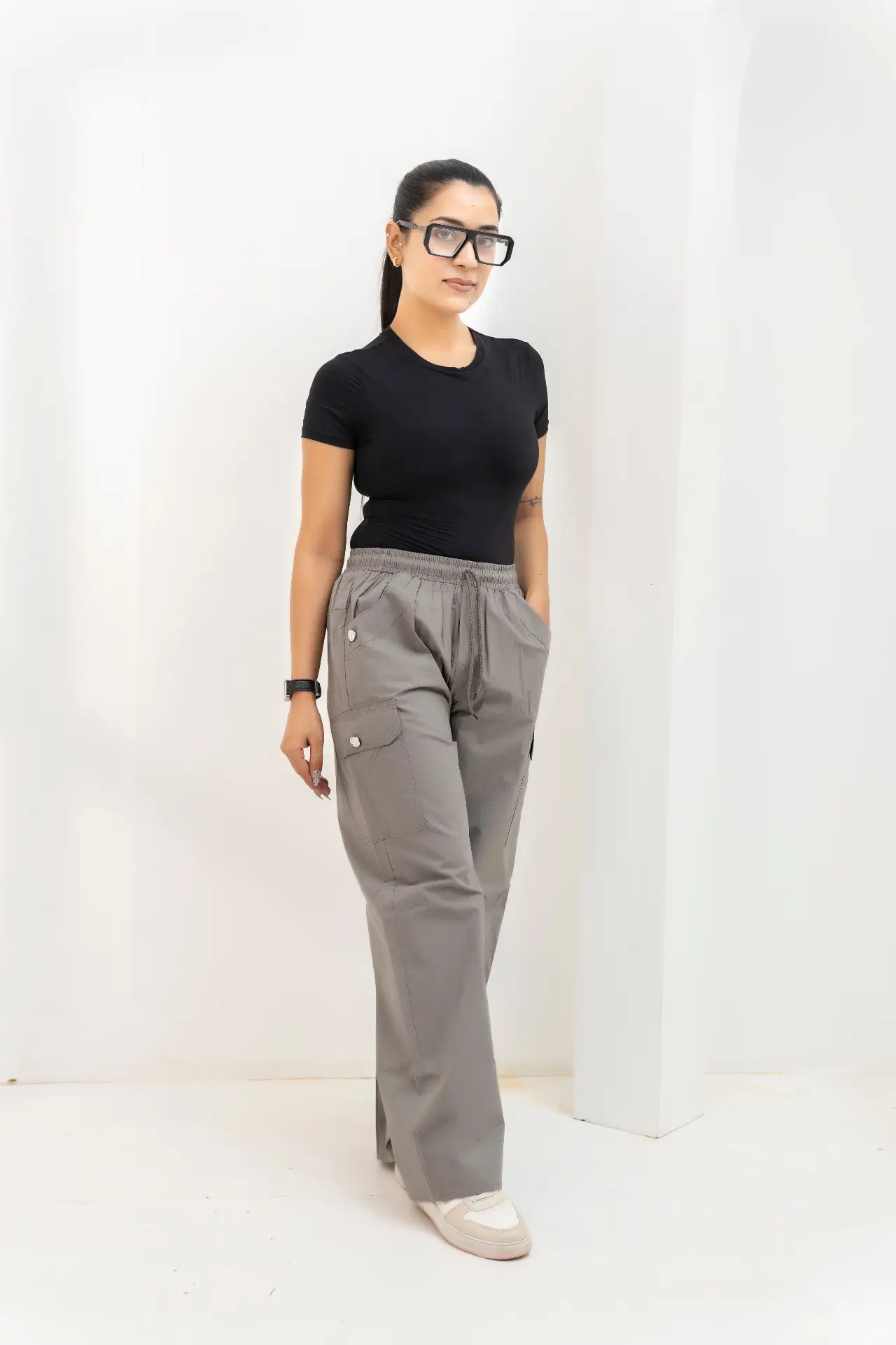 Slate Grey Wide-Leg Multi-Pocket Cargo Trousers