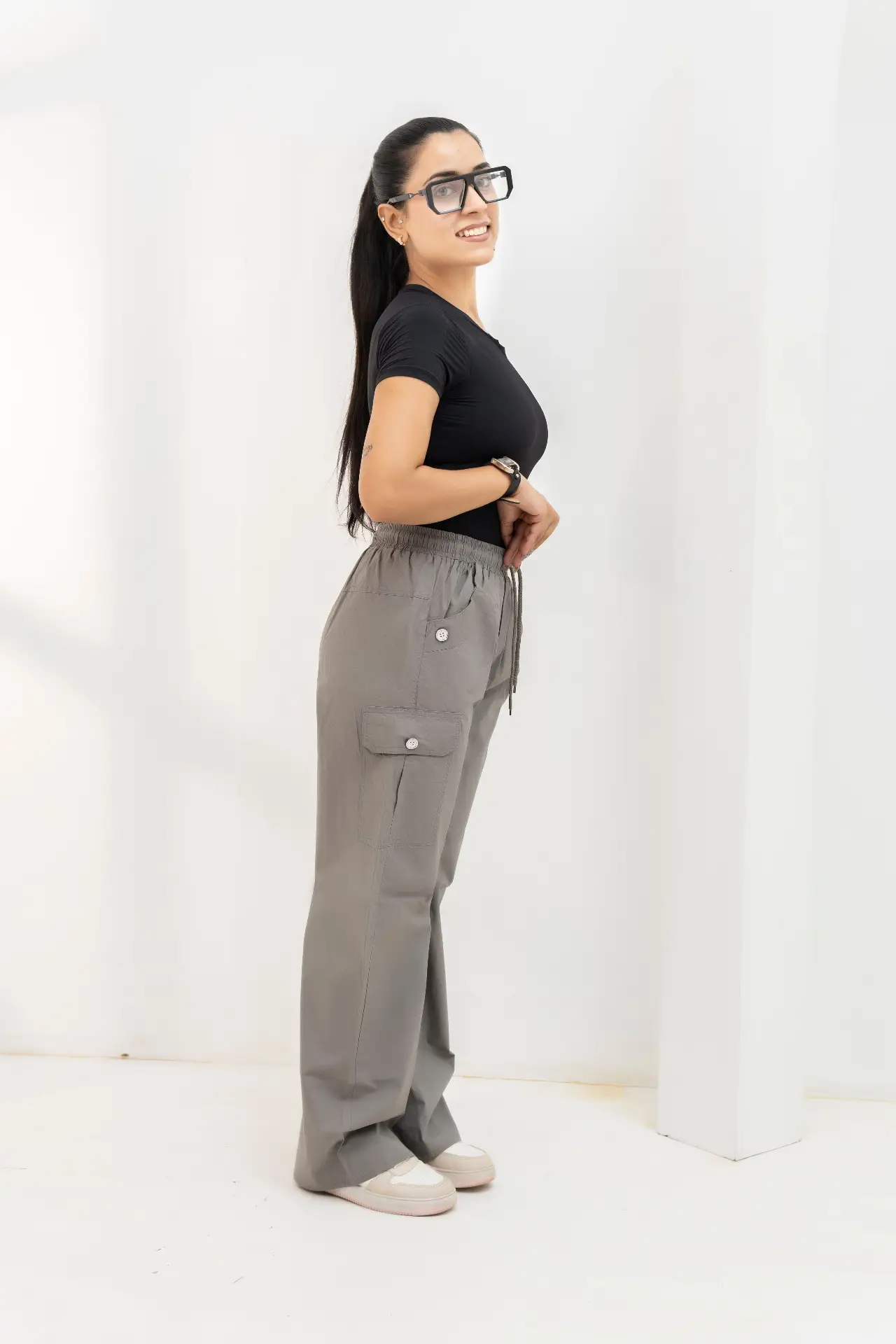 Slate Grey Wide-Leg Multi-Pocket Cargo Trousers view 2