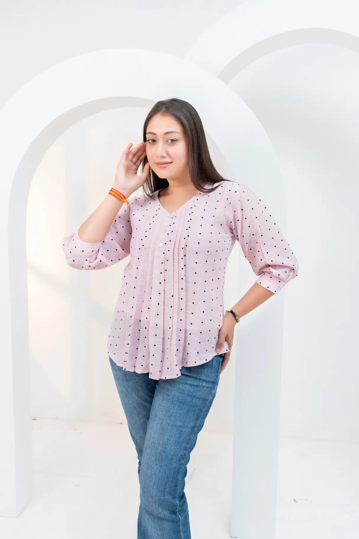Pastel Blush Embroidered Pleated V-Neck Top view 2