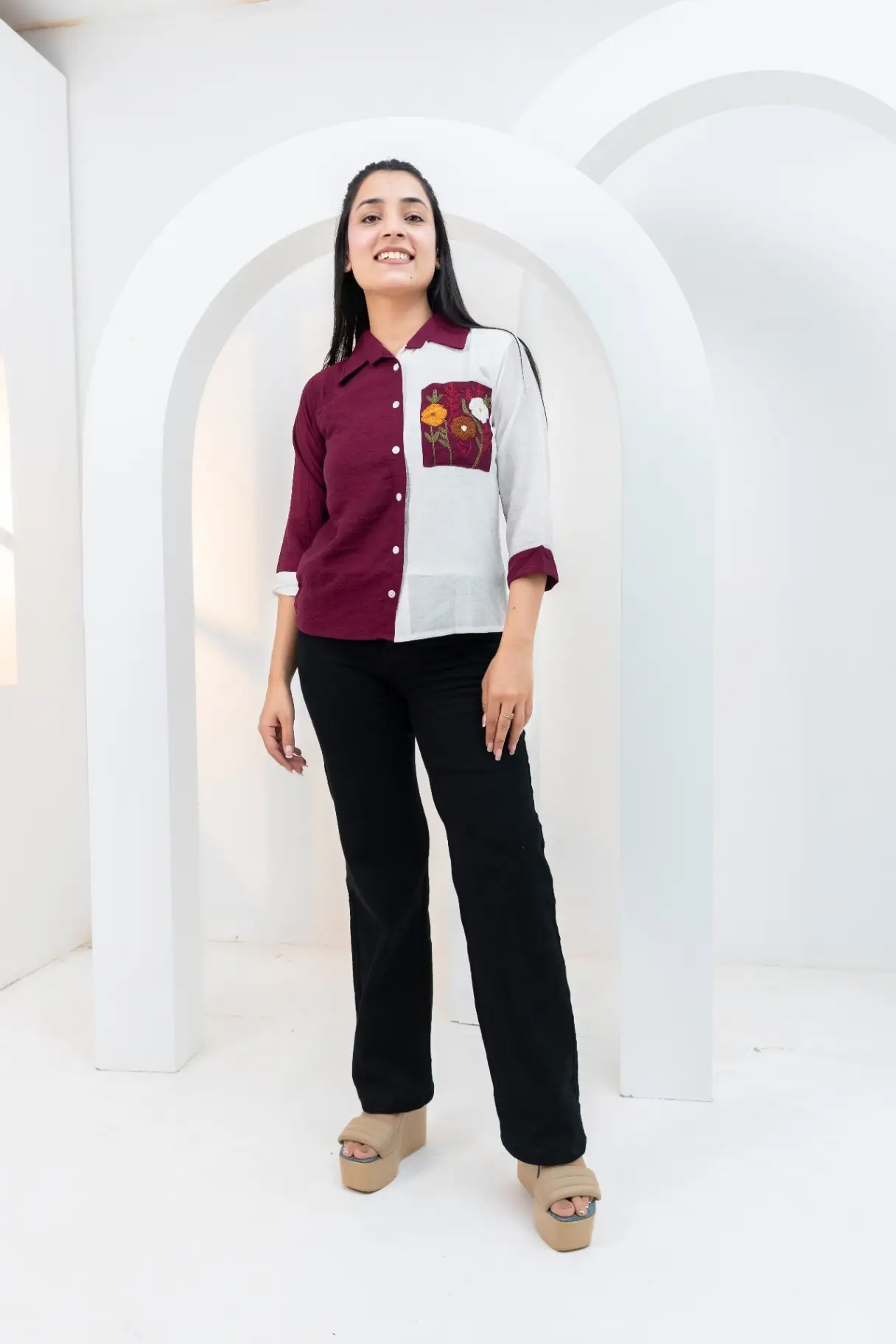 Wildflower Embroidered Color-Block Button-Down Shirt
