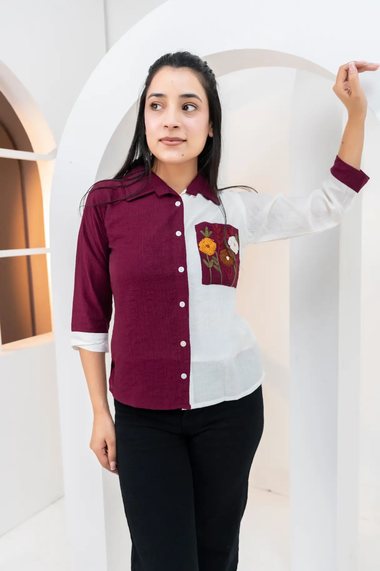 Wildflower Embroidered Color-Block Button-Down Shirt view 2