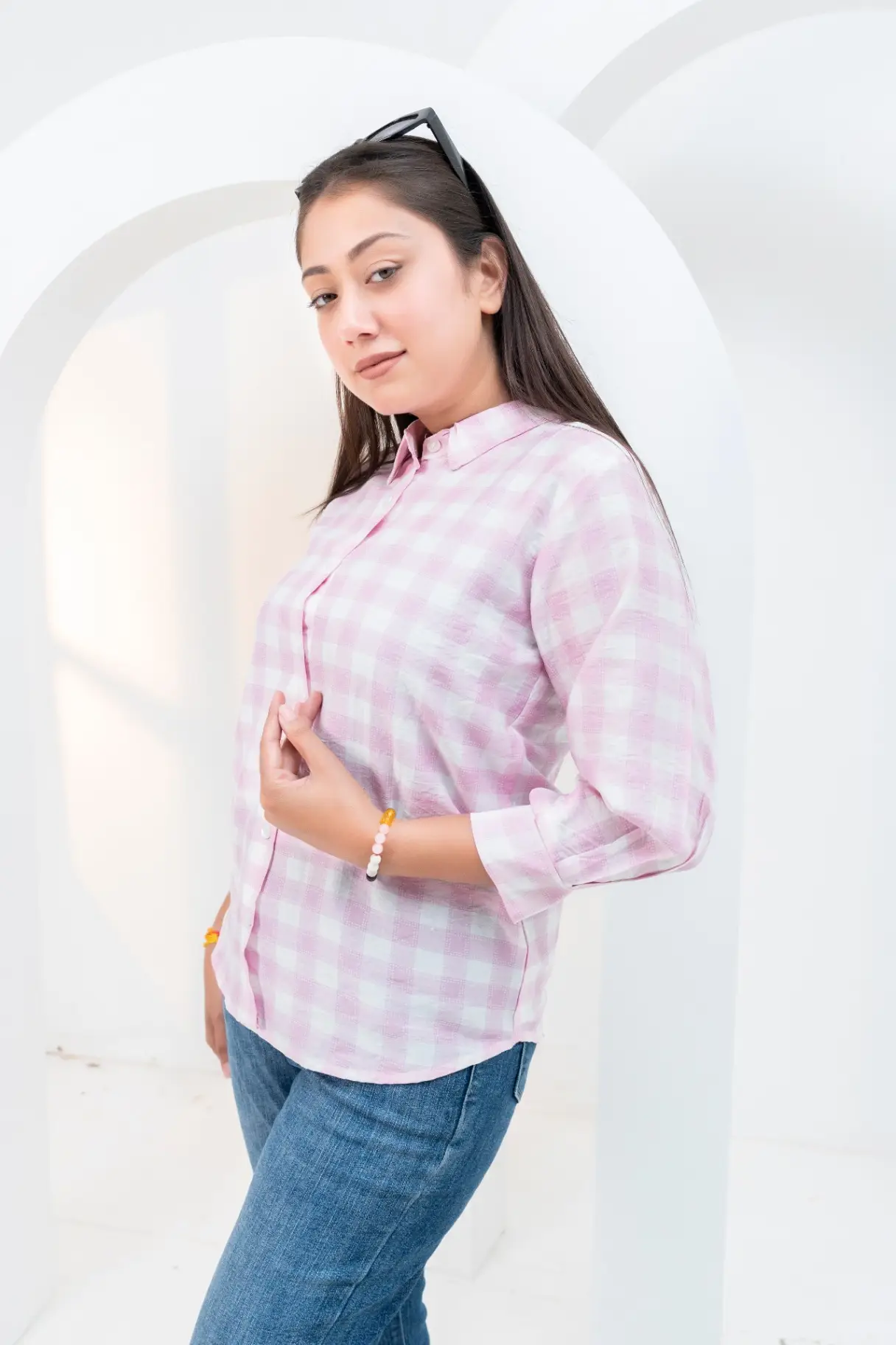 Pastel Blush Gingham Plaid Button-Down Shirt view 2