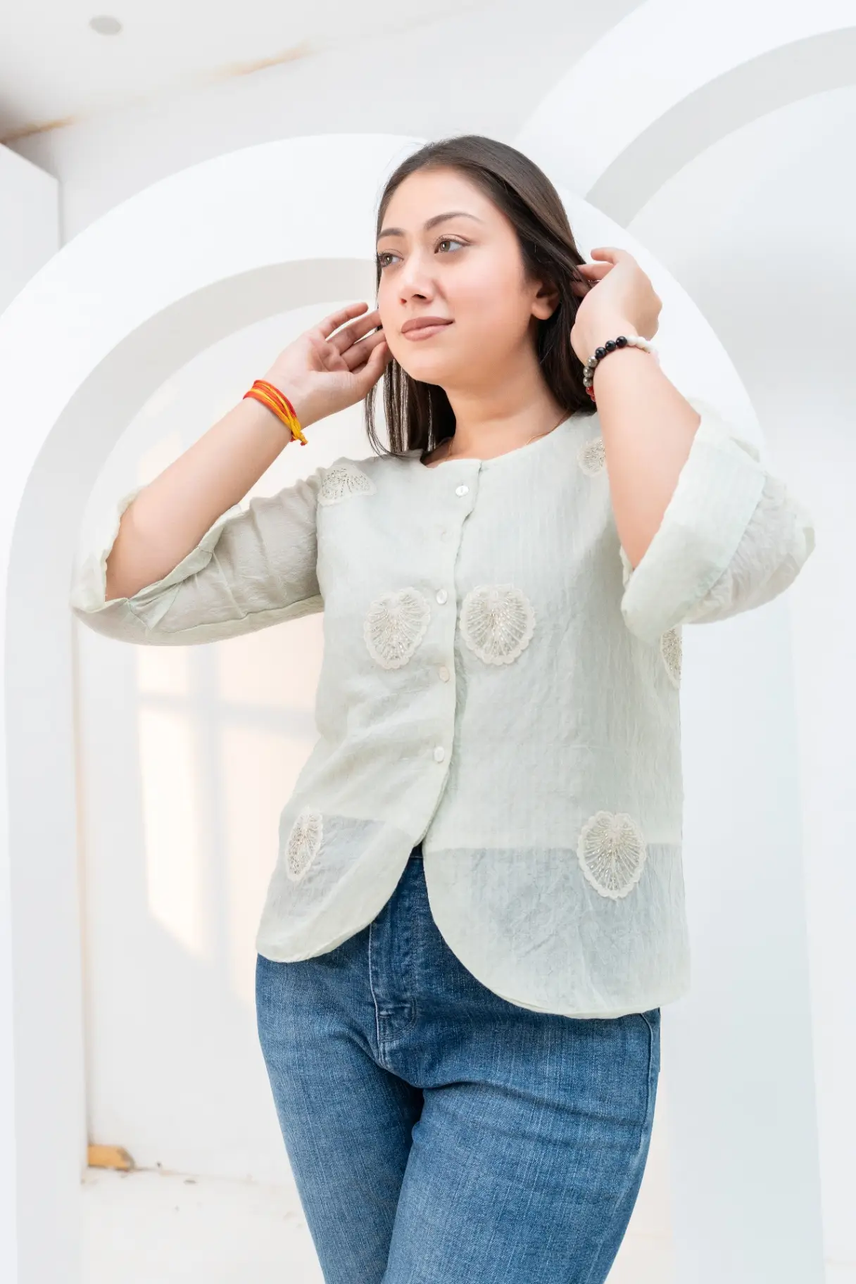 Ivory Mist Chikankari Embroidered Short Kurti Top view 2