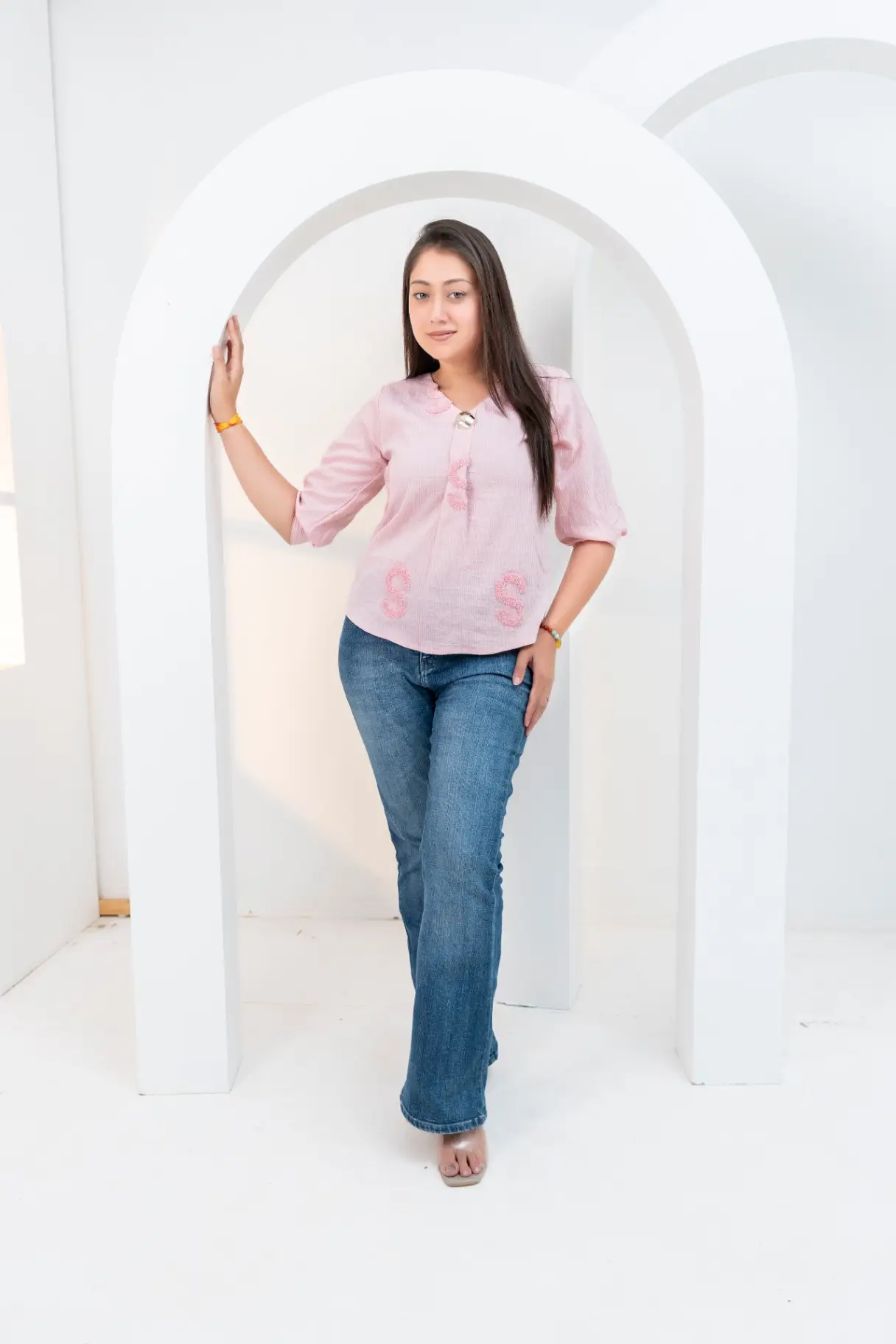 Blush Glow Textured Top with Intricate Paisley Embroidery