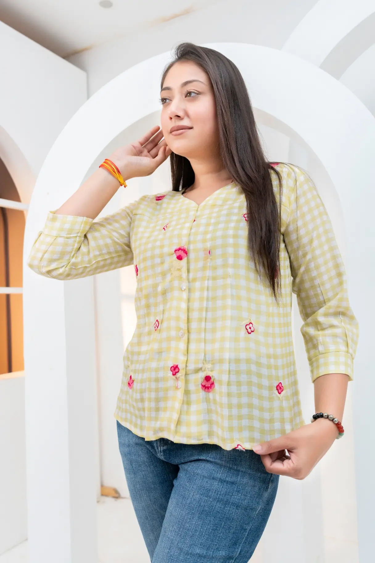 Lime Checkered Top with Contrast Floral Embroidery view 2