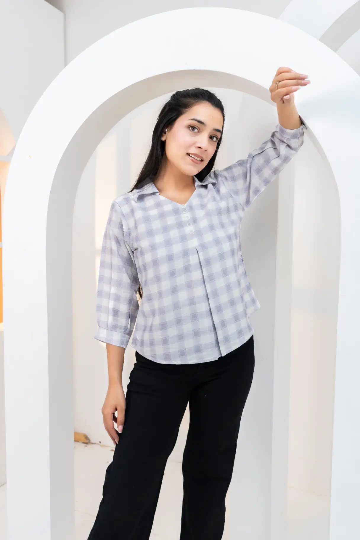 Slate Checkered V-Neck Top with Inverted Front Pleat view 2