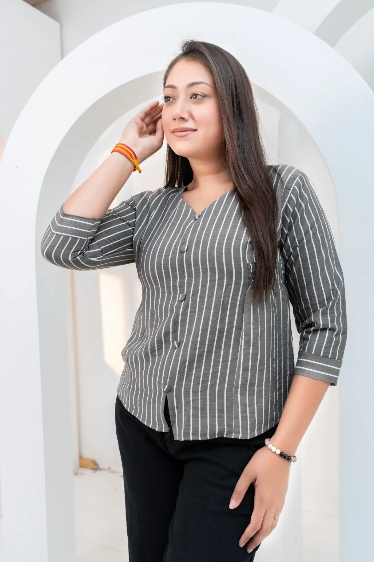 Charcoal Slate Vertical Stripe V-Neck Top view 2