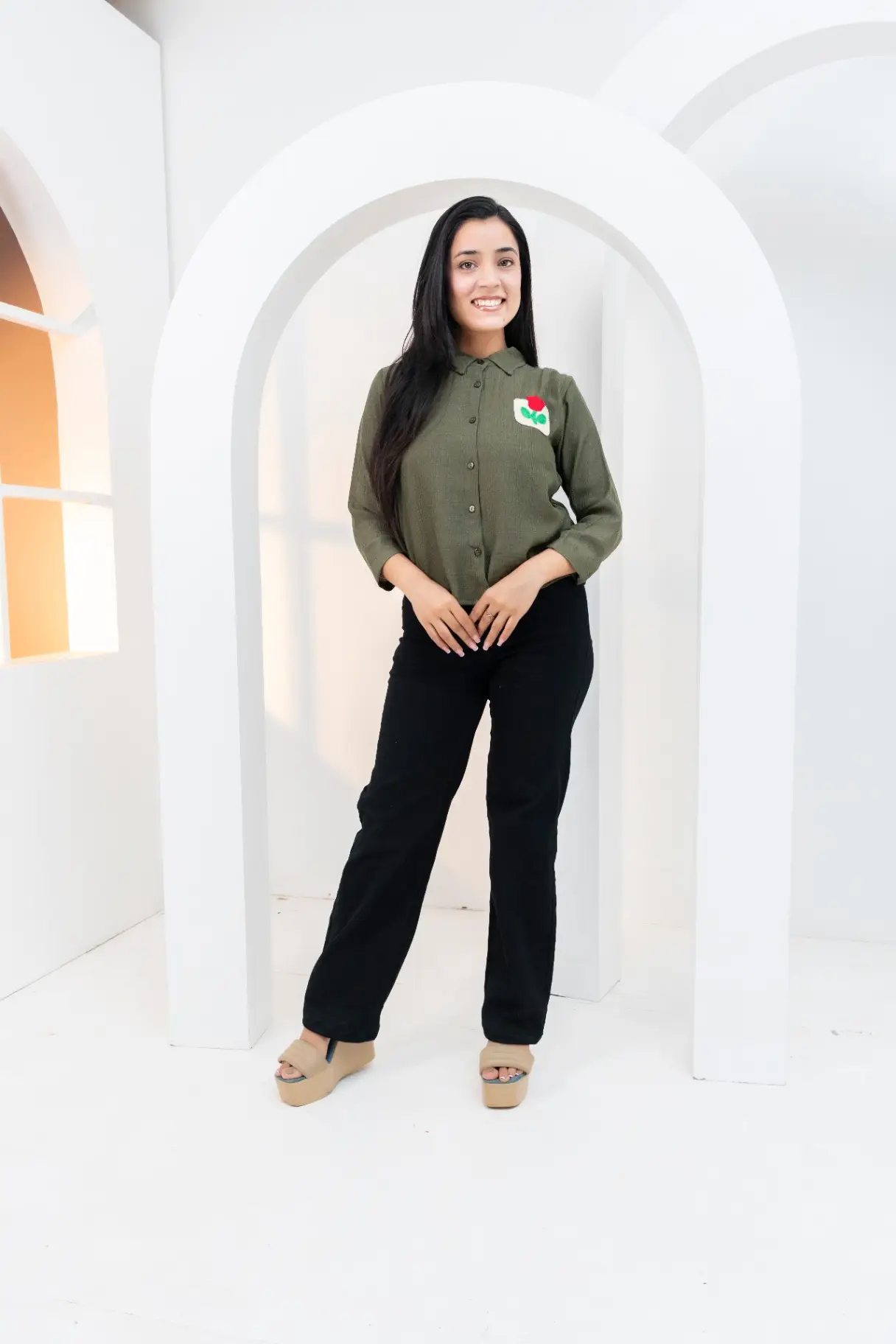 Olive Moss Textured Shirt with Red Rose Patch Top