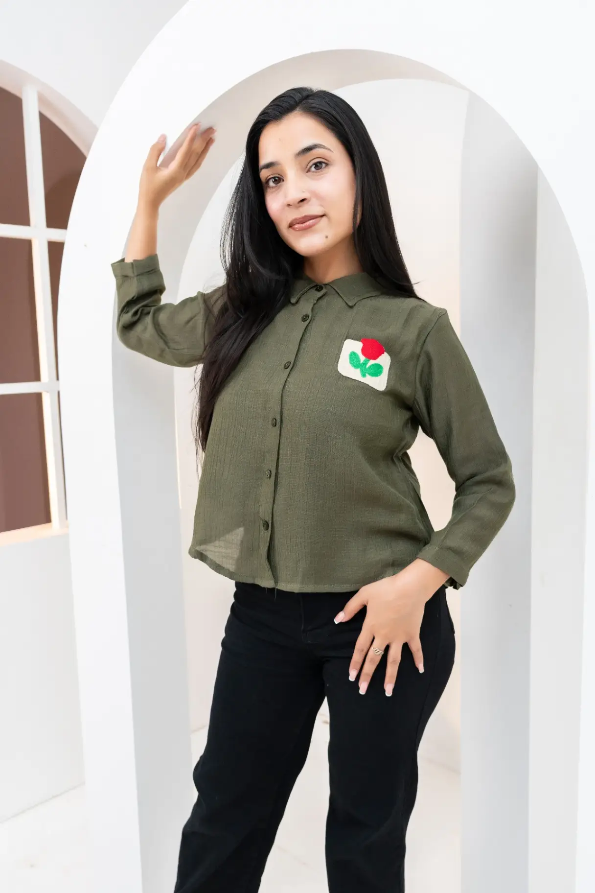 Olive Moss Textured Shirt with Red Rose Patch Top view 2