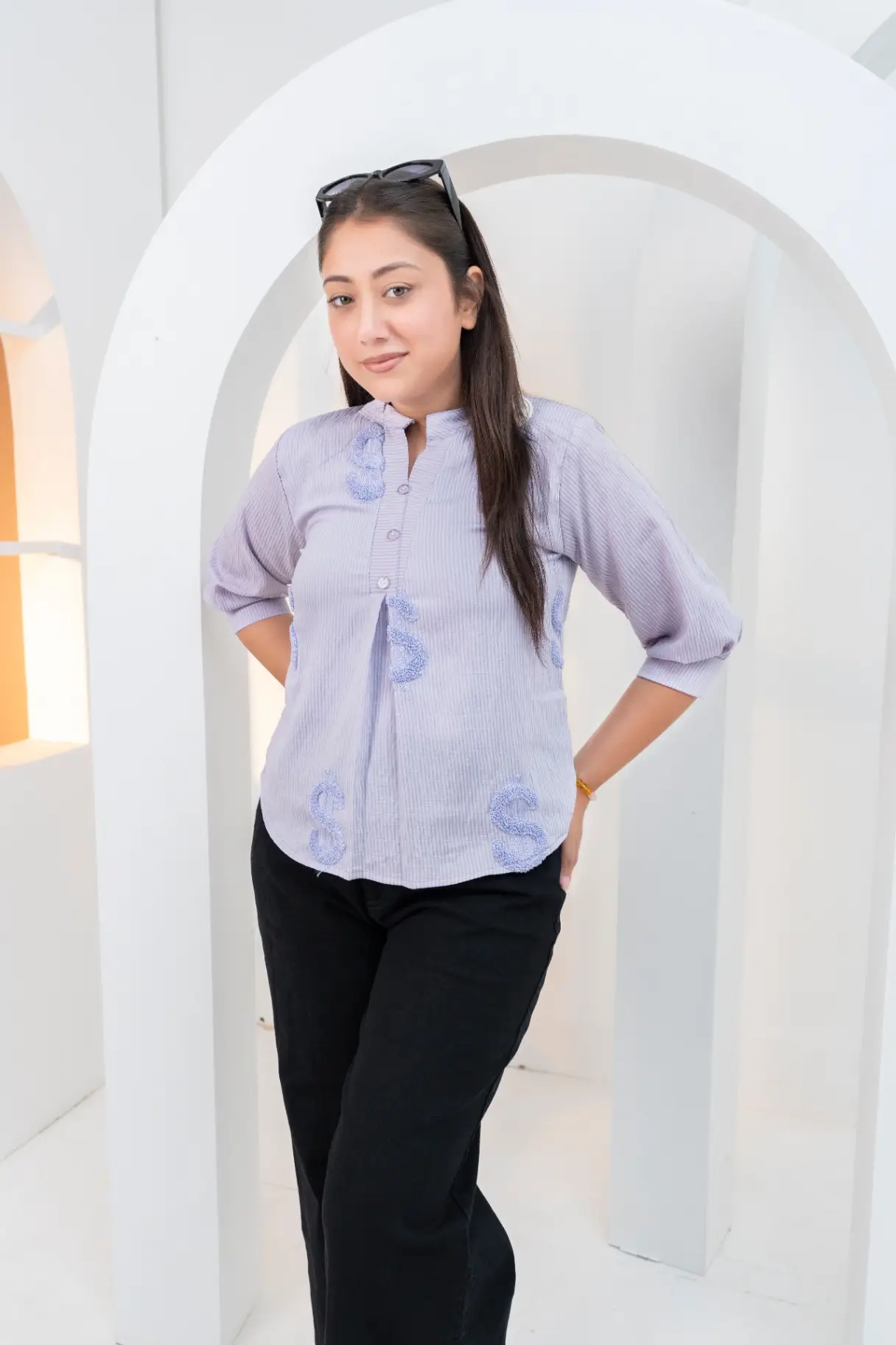 Lavender Pinstripe Top with Intricate Paisley Embroidery view 2