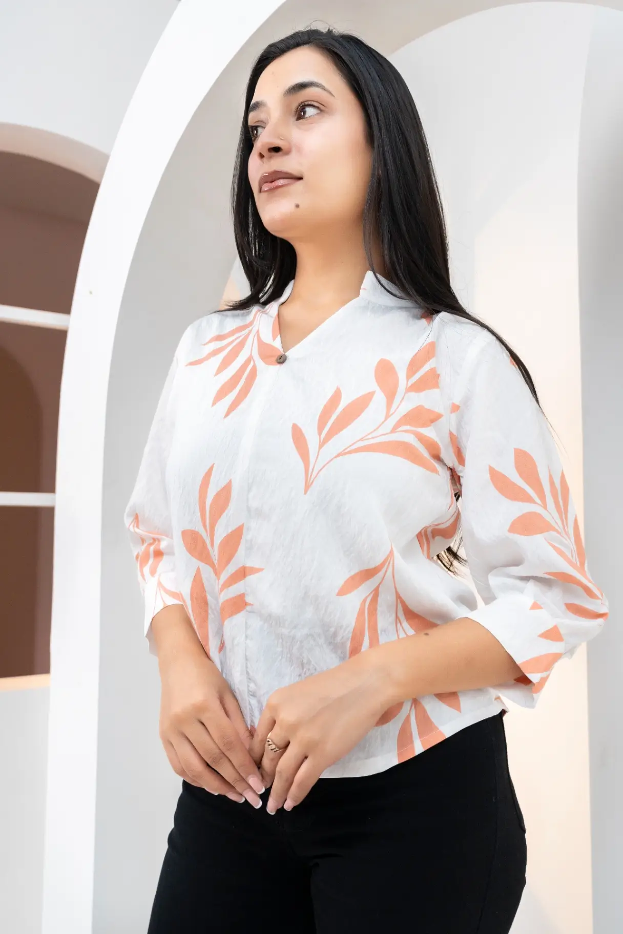 Ivory Breeze Top with Peach Botanical Leaf Print view 2