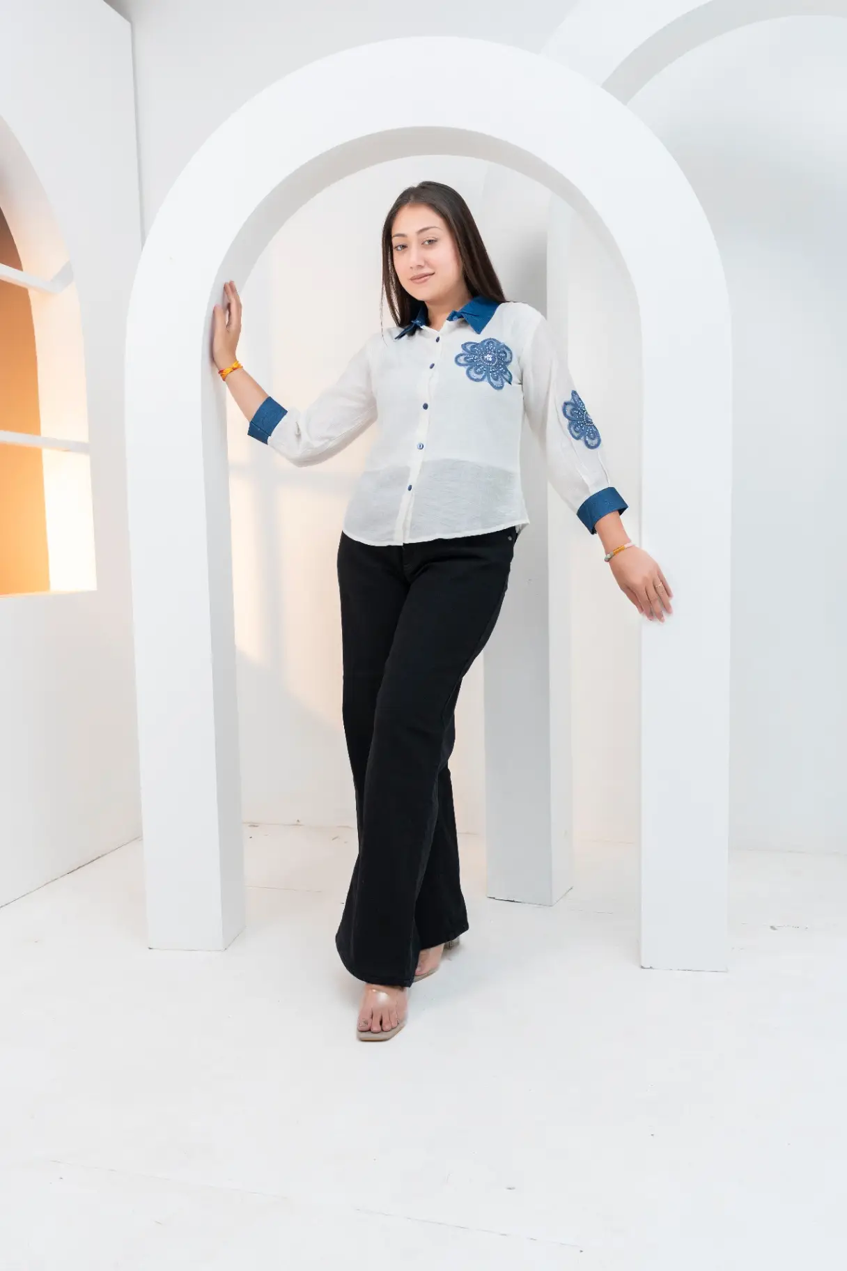 Ivory Slub Shirt Top with Indigo Denim Contrast & Floral Embroidery