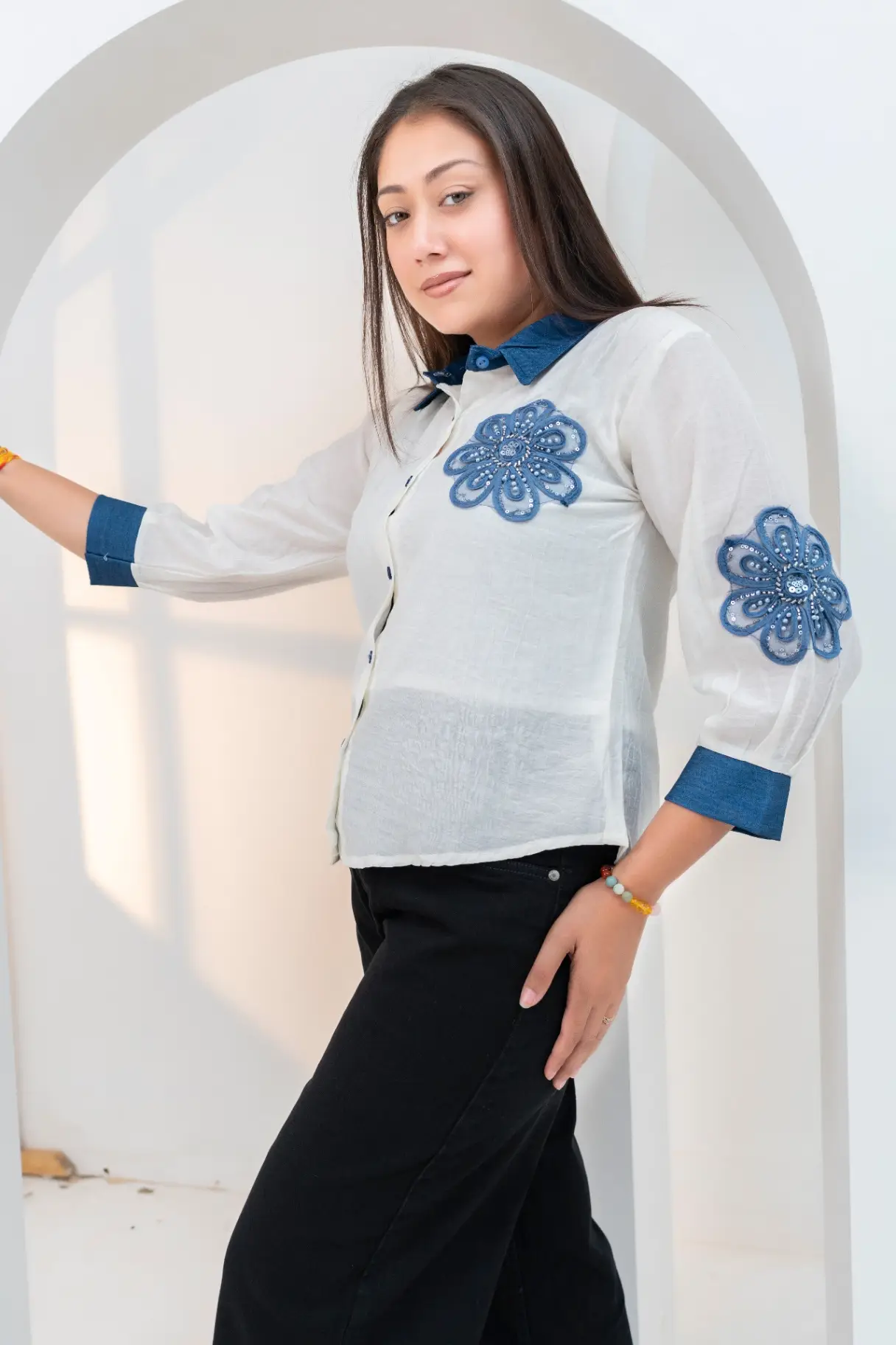 Ivory Slub Shirt Top with Indigo Denim Contrast & Floral Embroidery view 2