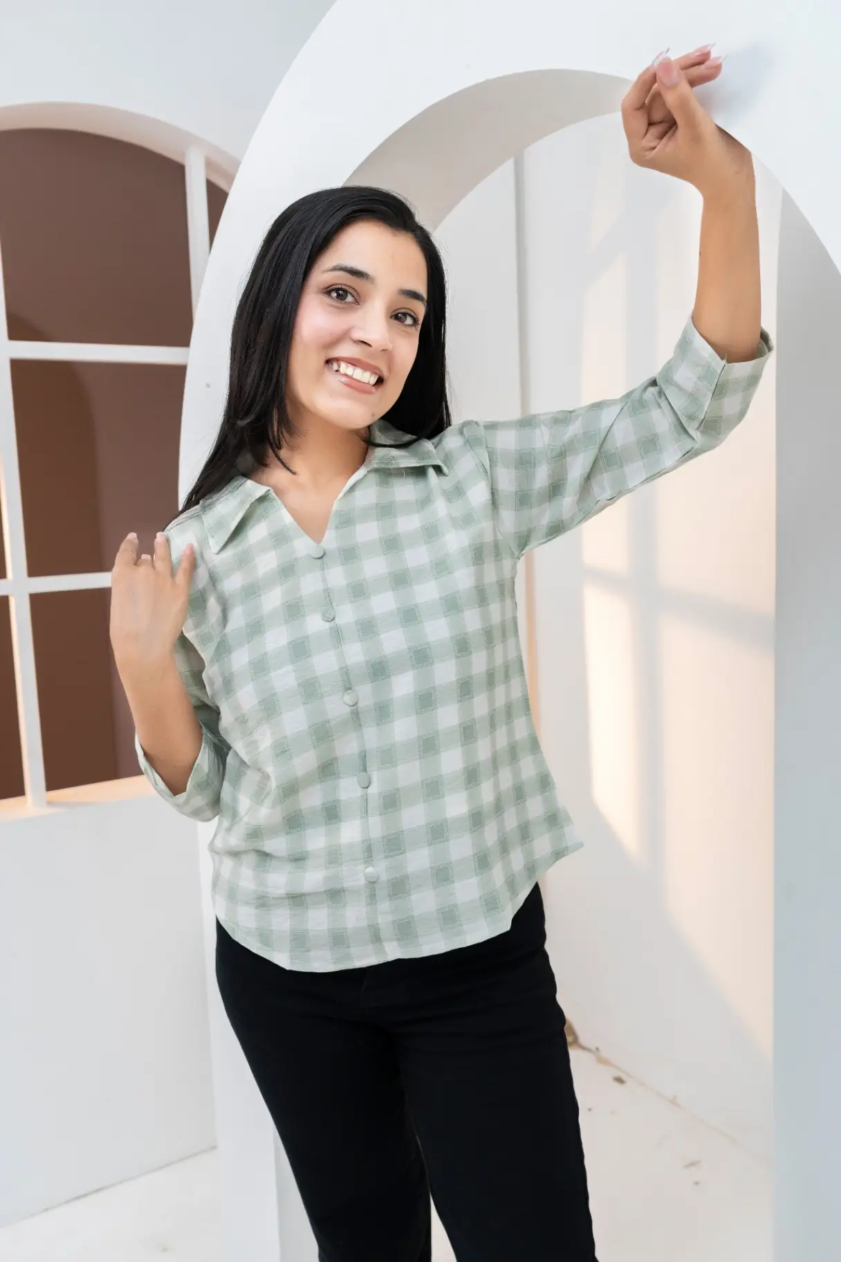 Sage Mist Gingham Top with Notched V-Neck Collar view 2