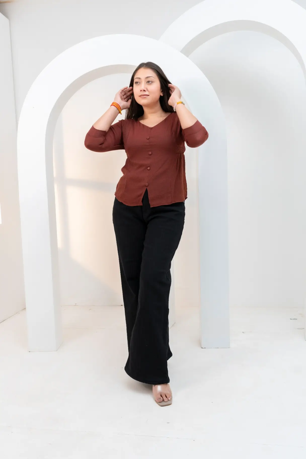 Terracotta Cacao V-Neck Top with Subtle Waist Gathering